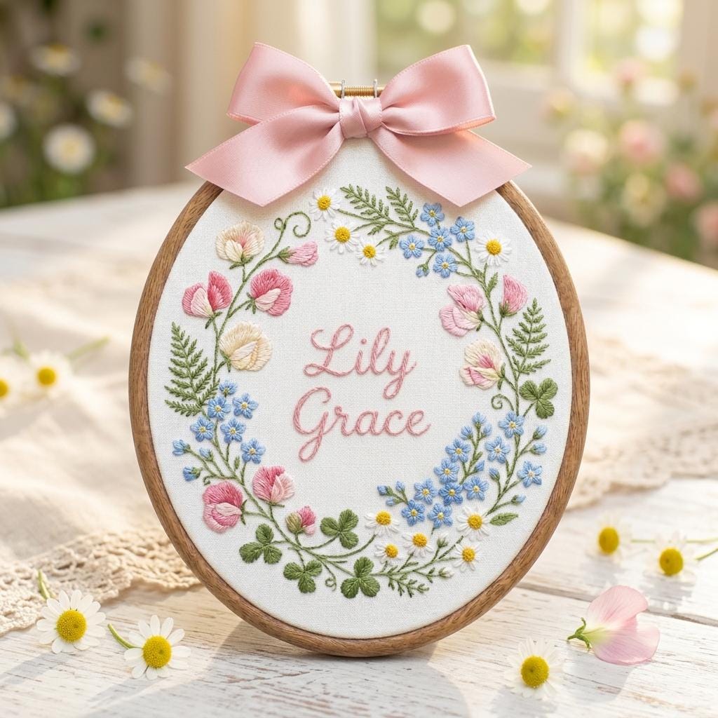 Embroidered Floral Baby Name Hoop, Custom Nursery Decor, Baby Shower Gift Sign