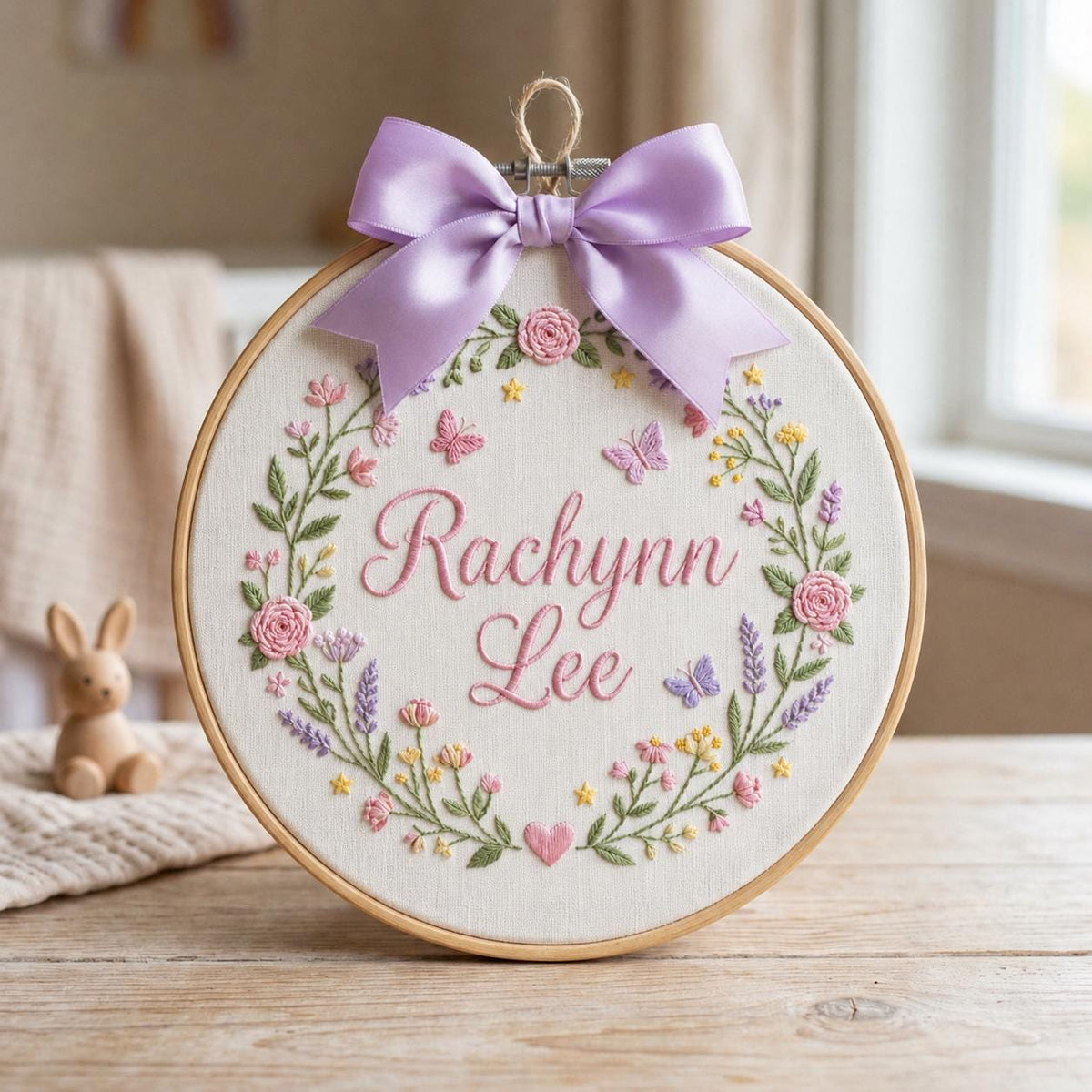 Personalized Embroidery Hoop Name Sign, Custom Baby Name Wall Art, Floral Nursery Decor, Handmade Embroidered Gift, Baby Girl Room Decor