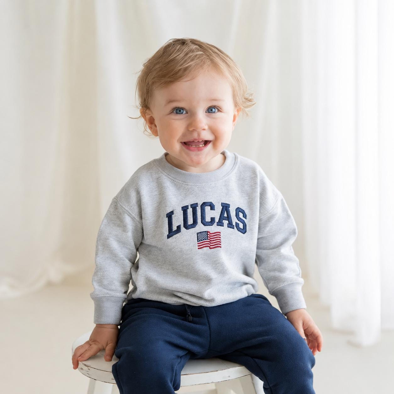 Personalized Name Toddler Sweatshirt, Retro American Flag, 4th of July Patriotic Toddler Shirt