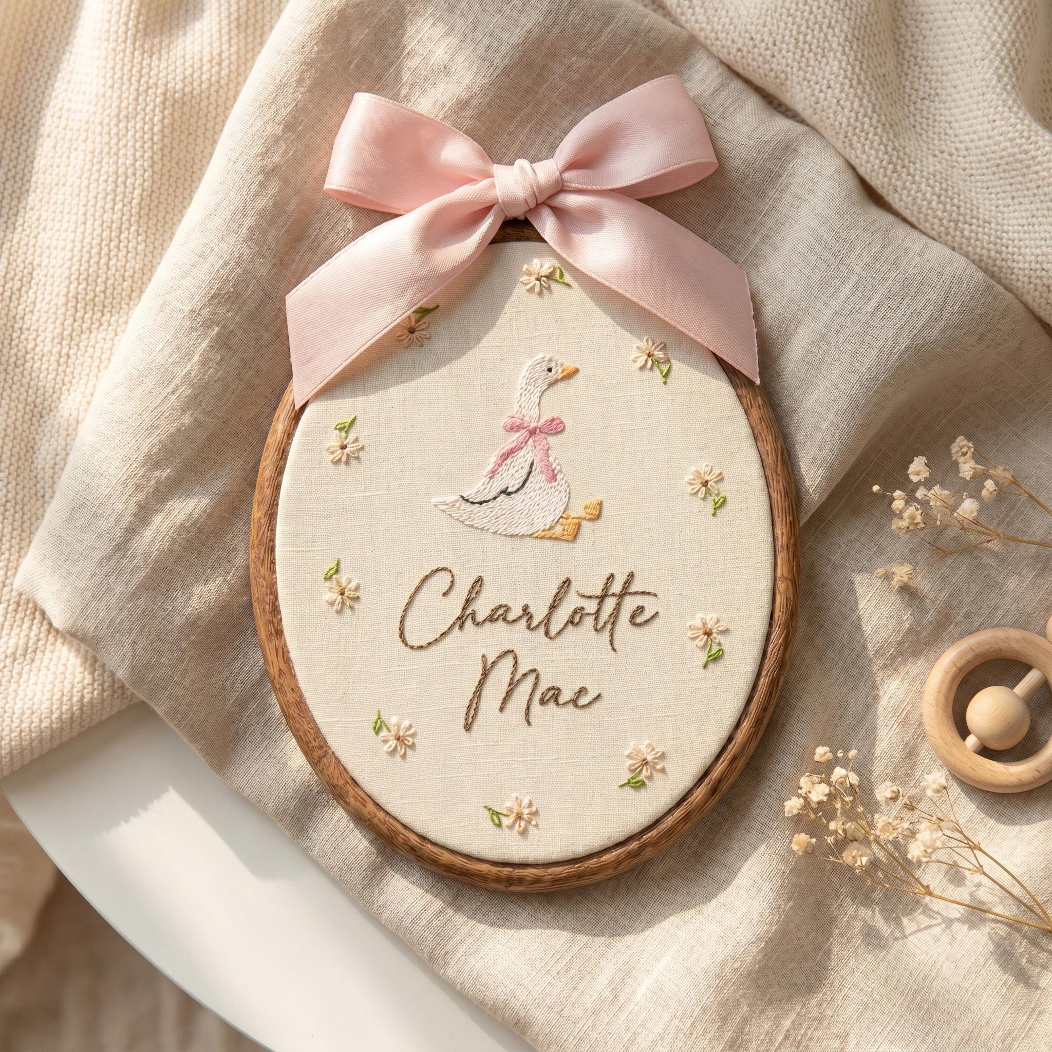 Embroidered Goose Nursery Wall Art, Personalized Baby Name Sign, Baby Room Decor