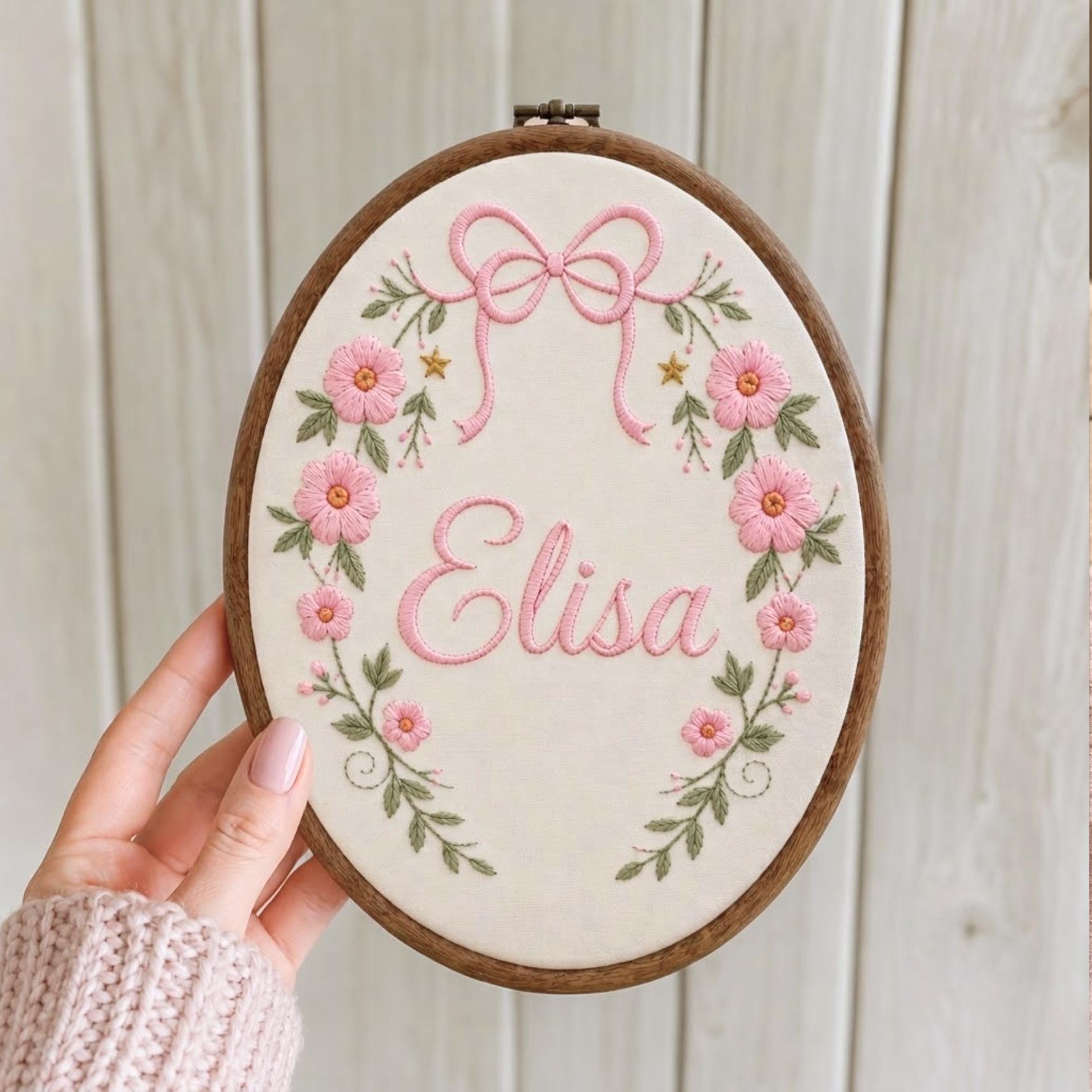 Embroidered Floral Baby Girl Name Sign, Coquette Nursery Hoop Art Keepsake