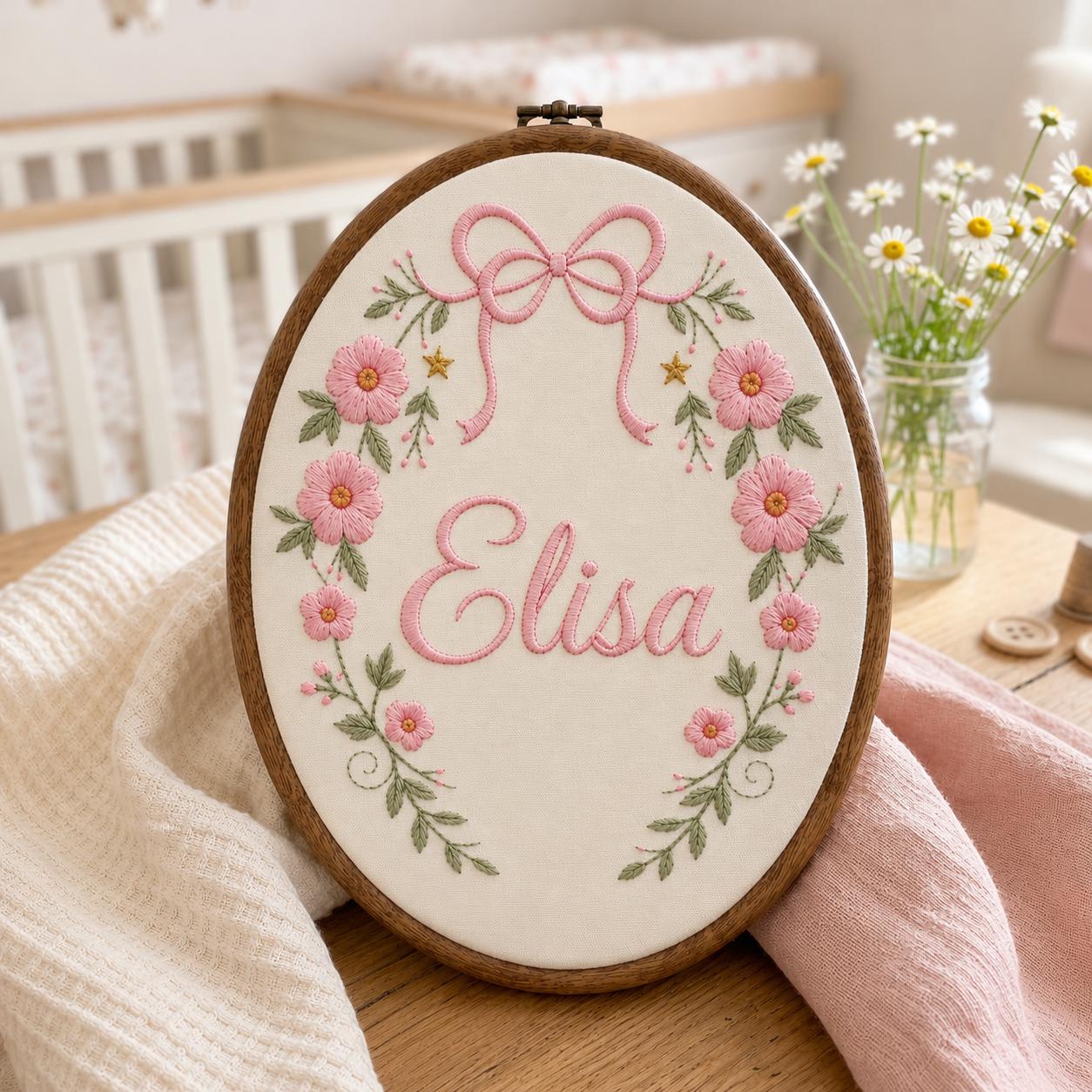 Embroidered Floral Baby Girl Name Sign, Coquette Nursery Hoop Art Keepsake