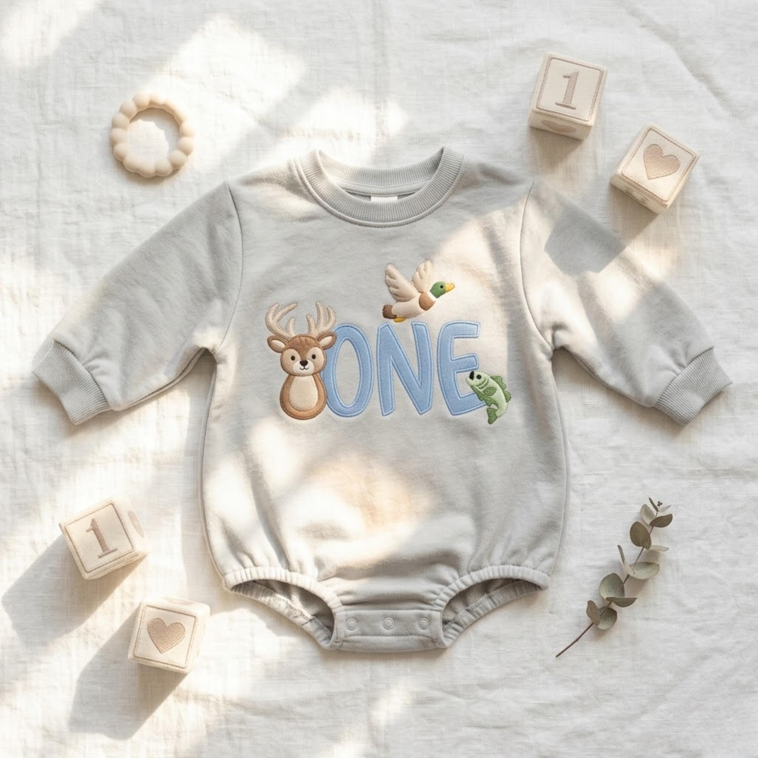 Woodland ONE Toddler Bodysuit, Embroidered First Birthday Romper, Deer Duck Fish Cake Smash Outfit