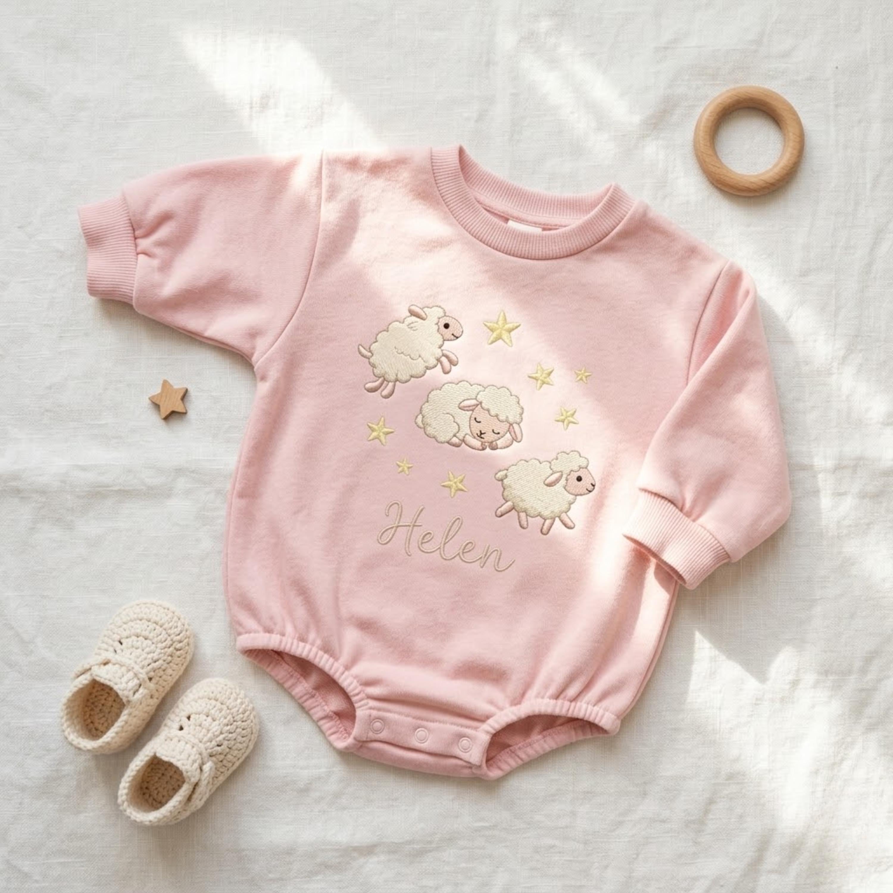 Personalized Embroidered Sheep Romper, Pink Cotton Toddler Bodysuit