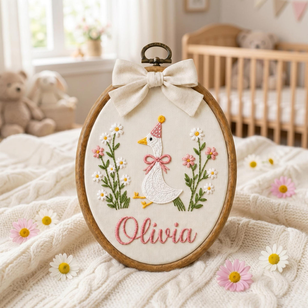 Baby Name Sign Embroidered with Goose and Florals, Personalized Newborn Birth Announcement Plaque, Gift for New Mum