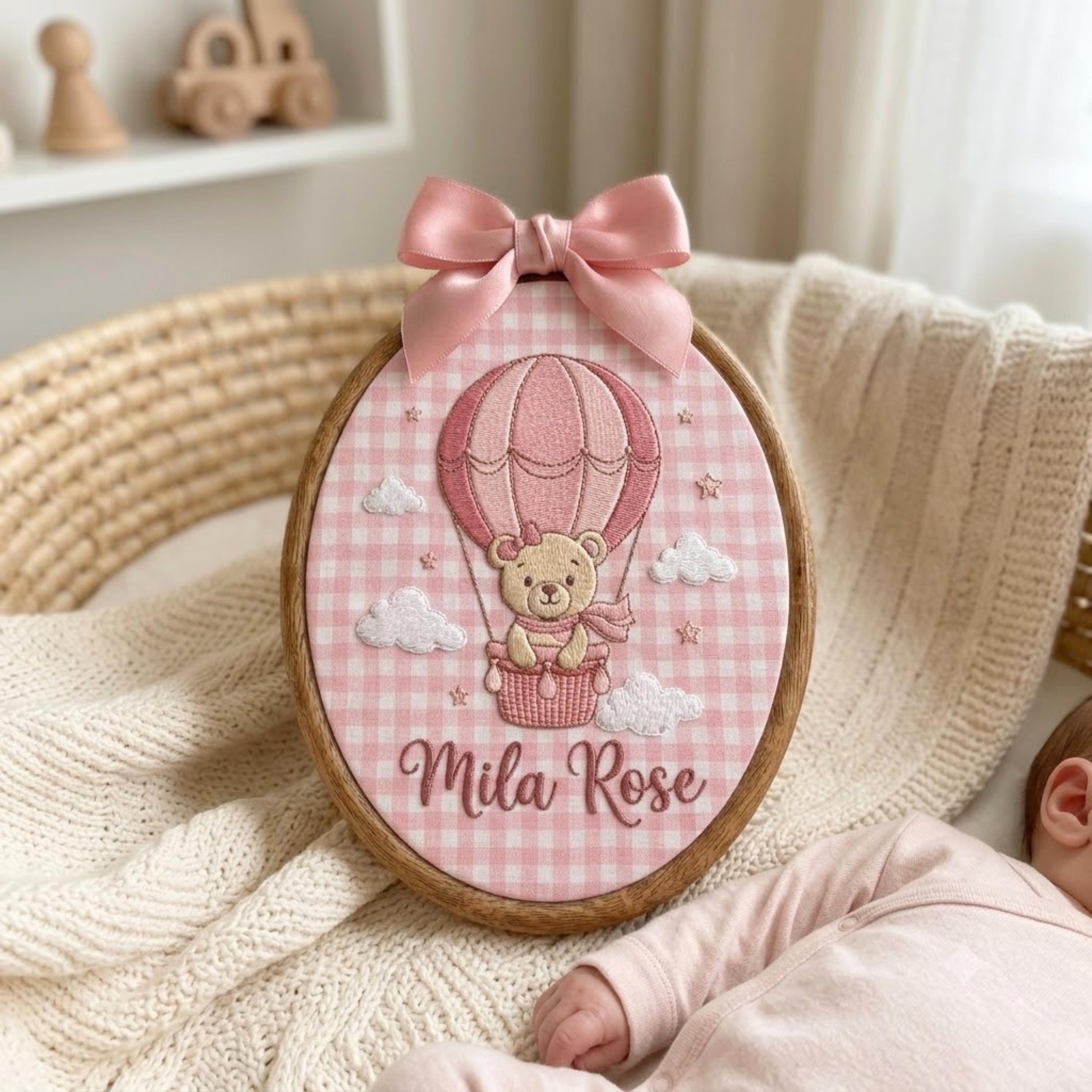 Personalized Baby Girl Bear With Hot Air Balloon Name Sign, Cute Gingham Wall Art, Baby Girl Announcement, Baby Shower Gift