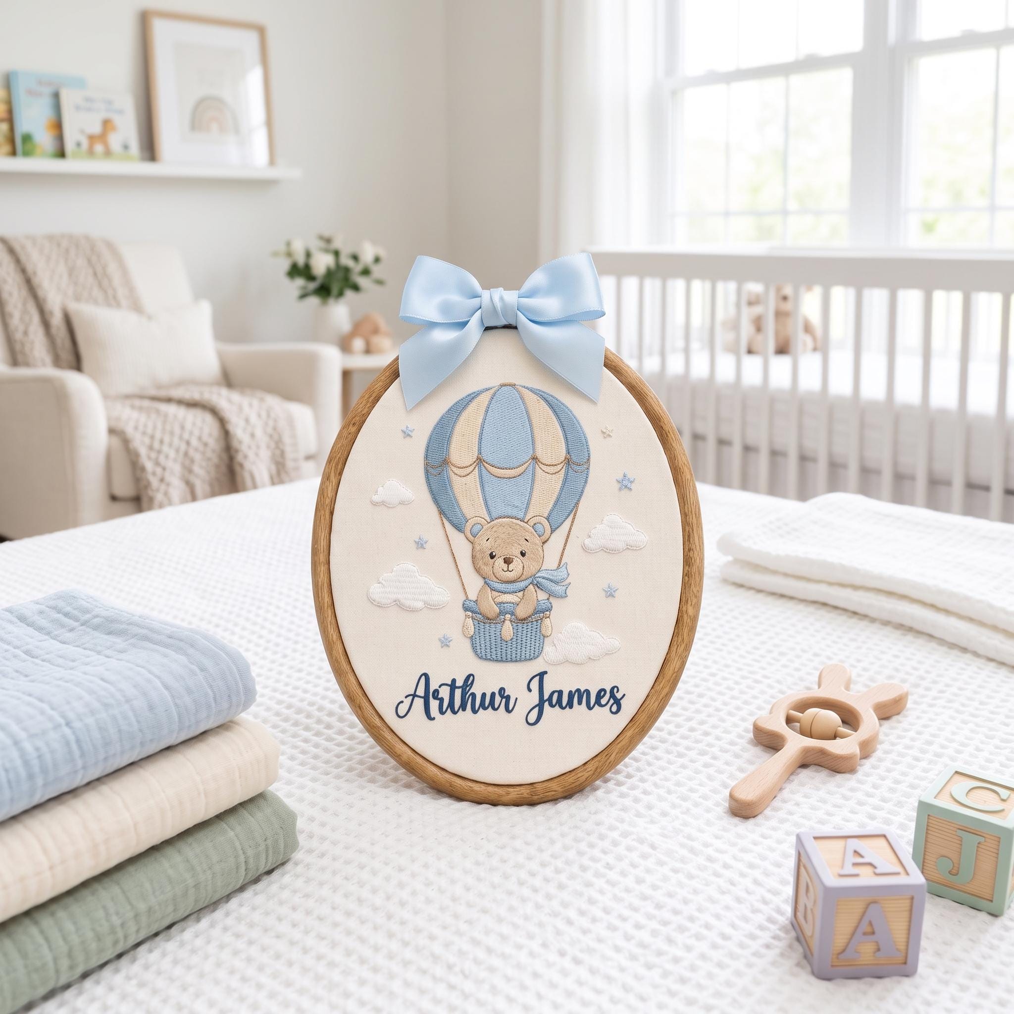Personalized Bear Hot Air Balloon Hoop Art, Embroidered Nursery Decor, Baby Name Sign