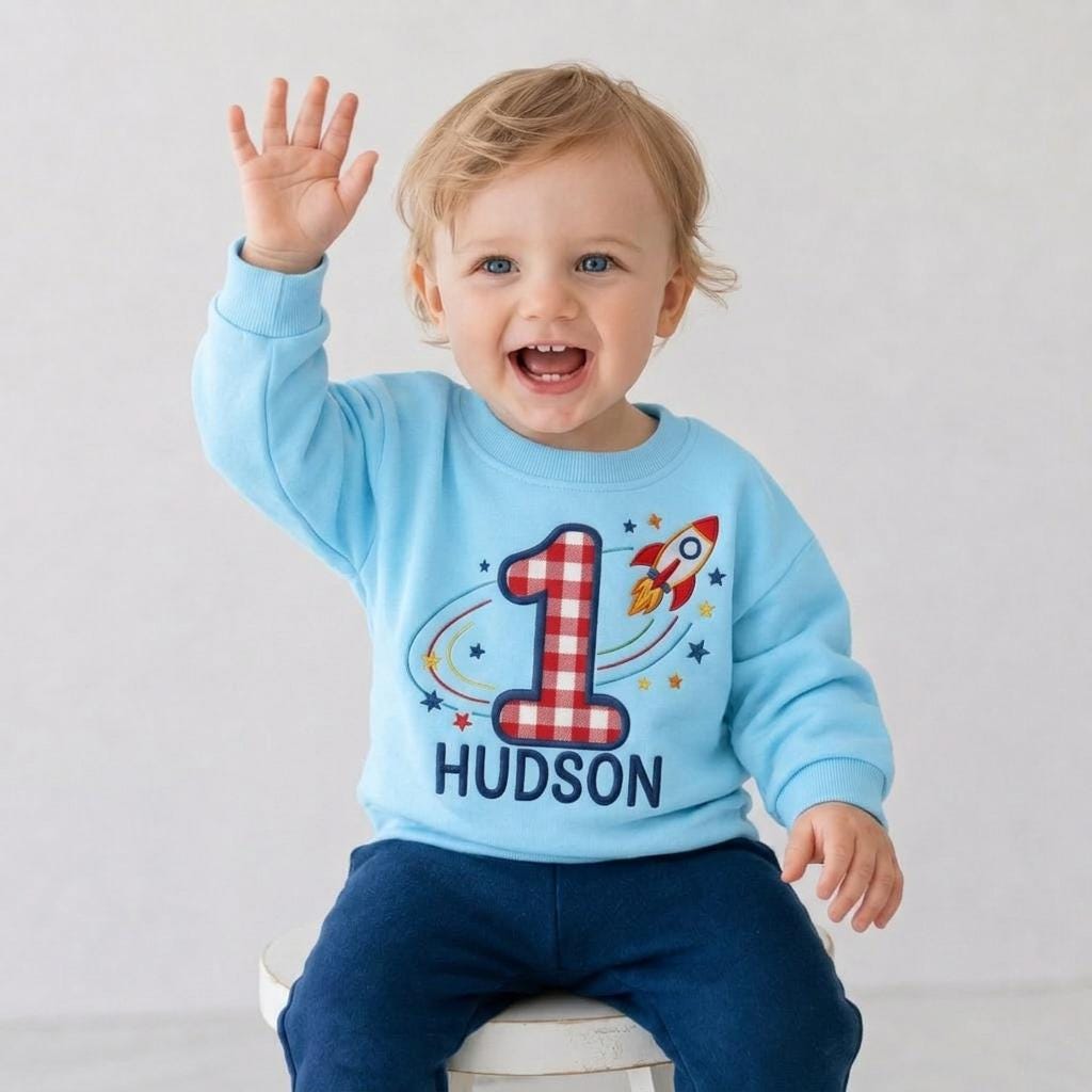 Space First Birthday Toddler Sweatshirt, Space Birthday Embroidered Applique Shirt, First Birthday Shirt, Birthday Boy Shirt, Baby Keepsake