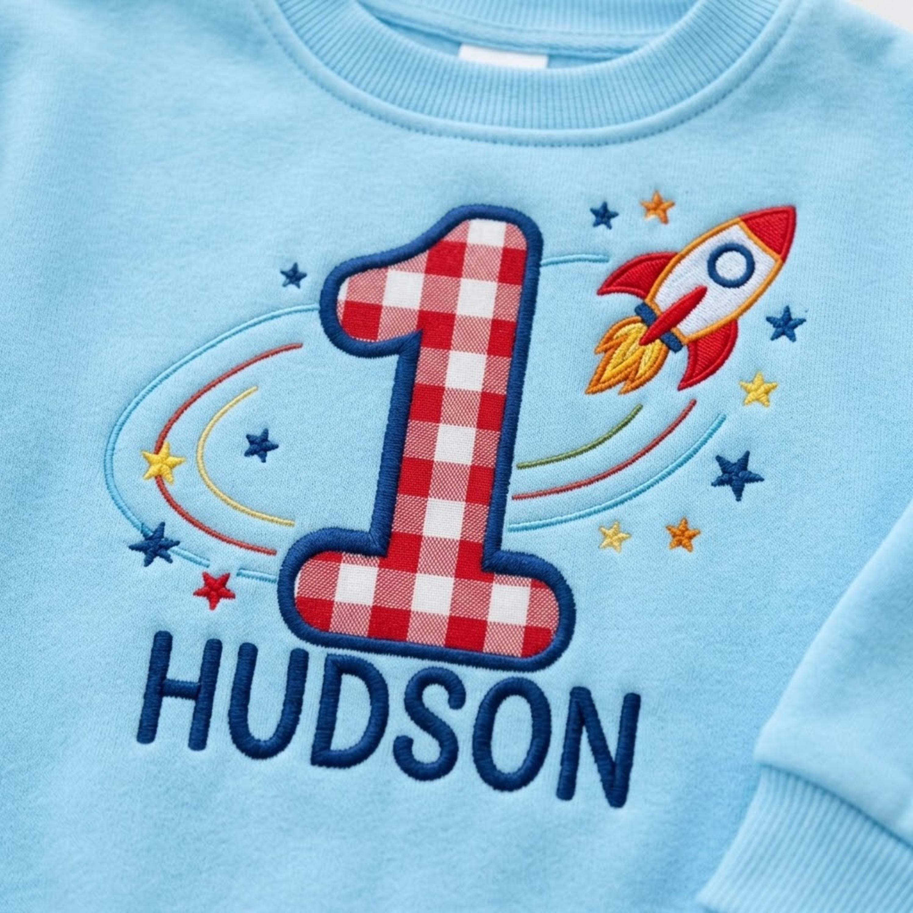 Space First Birthday Toddler Sweatshirt, Space Birthday Embroidered Applique Shirt, First Birthday Shirt, Birthday Boy Shirt, Baby Keepsake