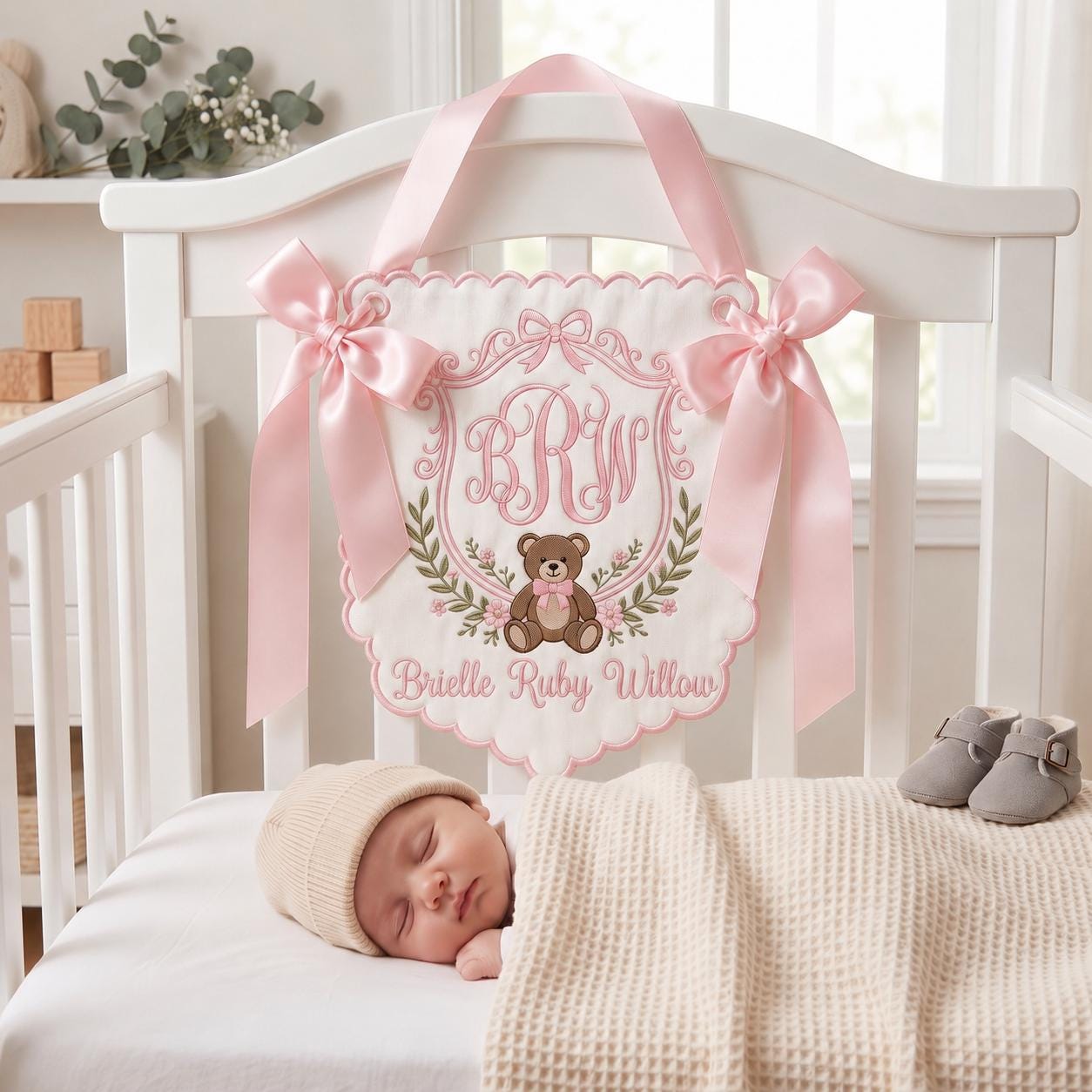 Custom Bear Baby Hospital Banner, Embroidered Birth Announcement, Hospital Door Sign, Baby Girl Welcome Banner, Bassinet Crib Decor