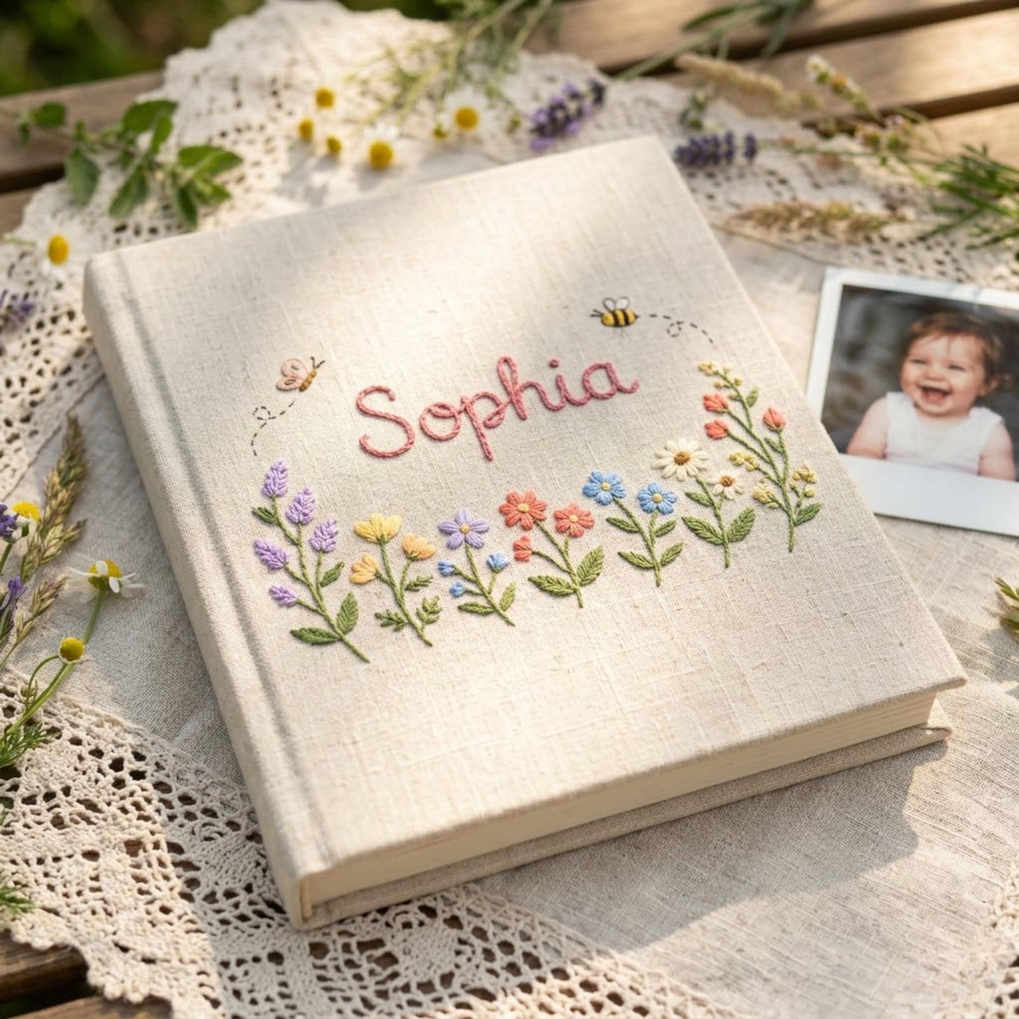 Personalized Baby Photo Album Journal, Custom Hand Embroidered Floral Butterfly Keepsake Book, New Born Name Announcement Baby Gift