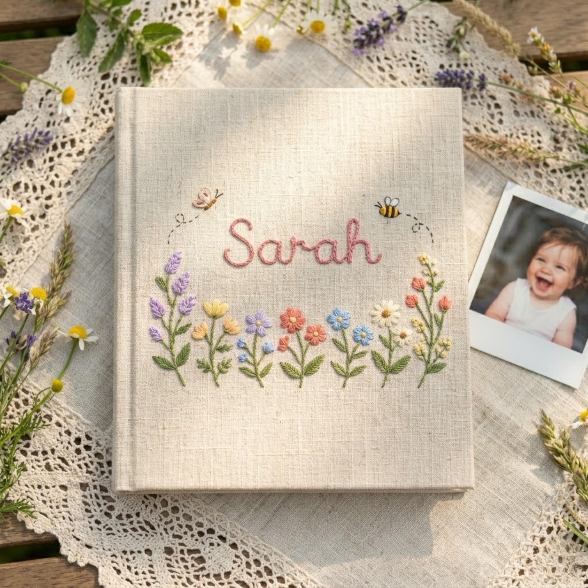 Personalized Baby Photo Album Journal, Custom Hand Embroidered Floral Butterfly Keepsake Book, New Born Name Announcement Baby Gift