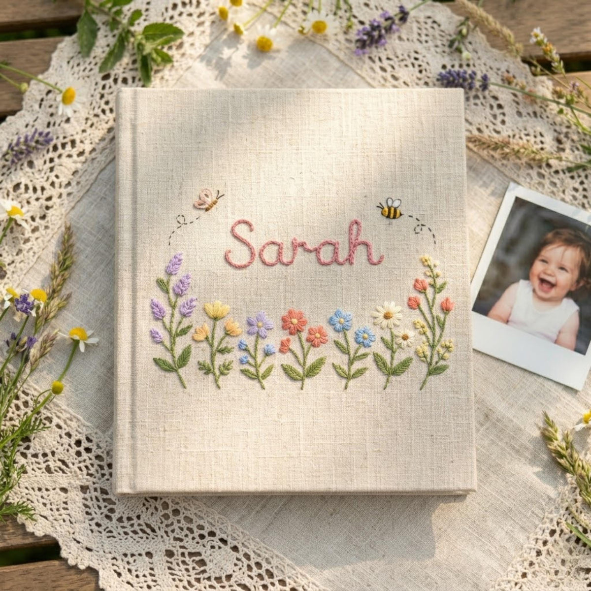 Personalized Baby Photo Album Journal, Custom Hand Embroidered Floral Butterfly Keepsake Book, New Born Name Announcement Baby Gift