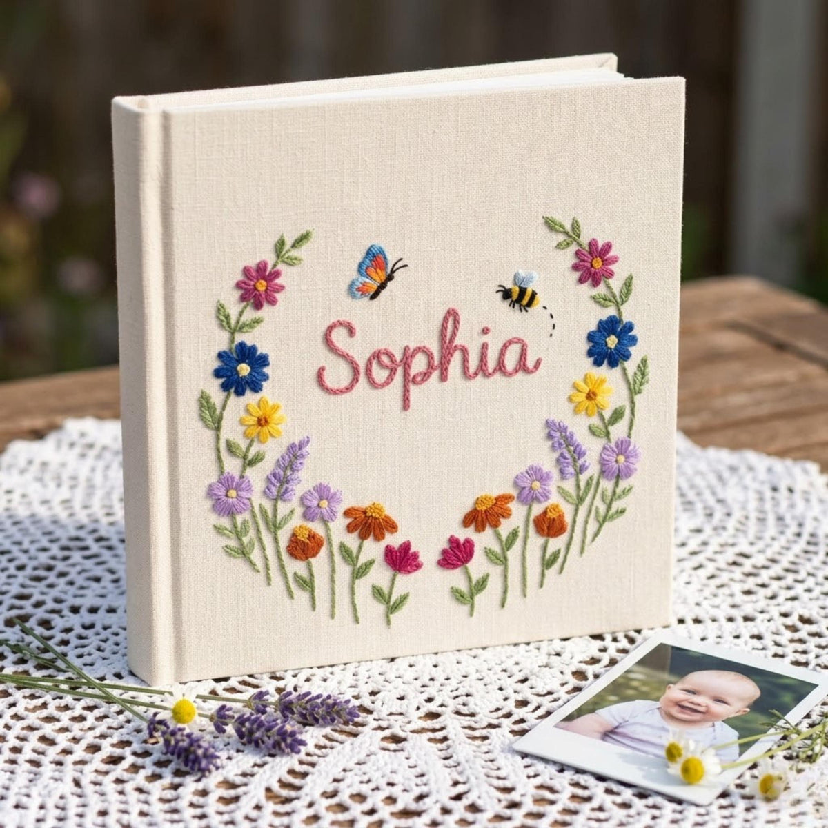 Personalized Baby Photo Album with Name, Custom Embroidered Linen Wildflower Memory Book, Baby Shower Gift
