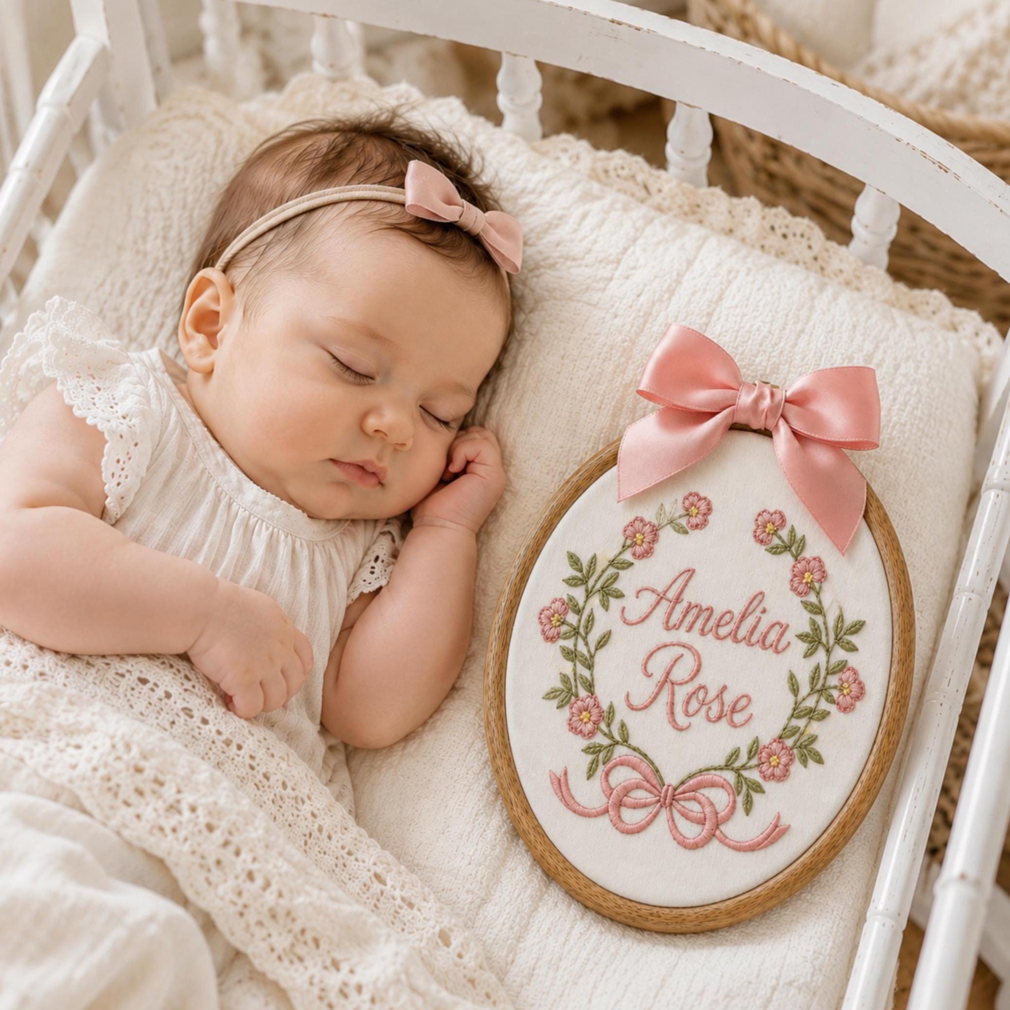 Custom Embroidered Baby Name & Flower Hoop Sign, Personalized Embroidery Baby Floral Nursery Wall Decor, Baby Announcement, Newborn Gift