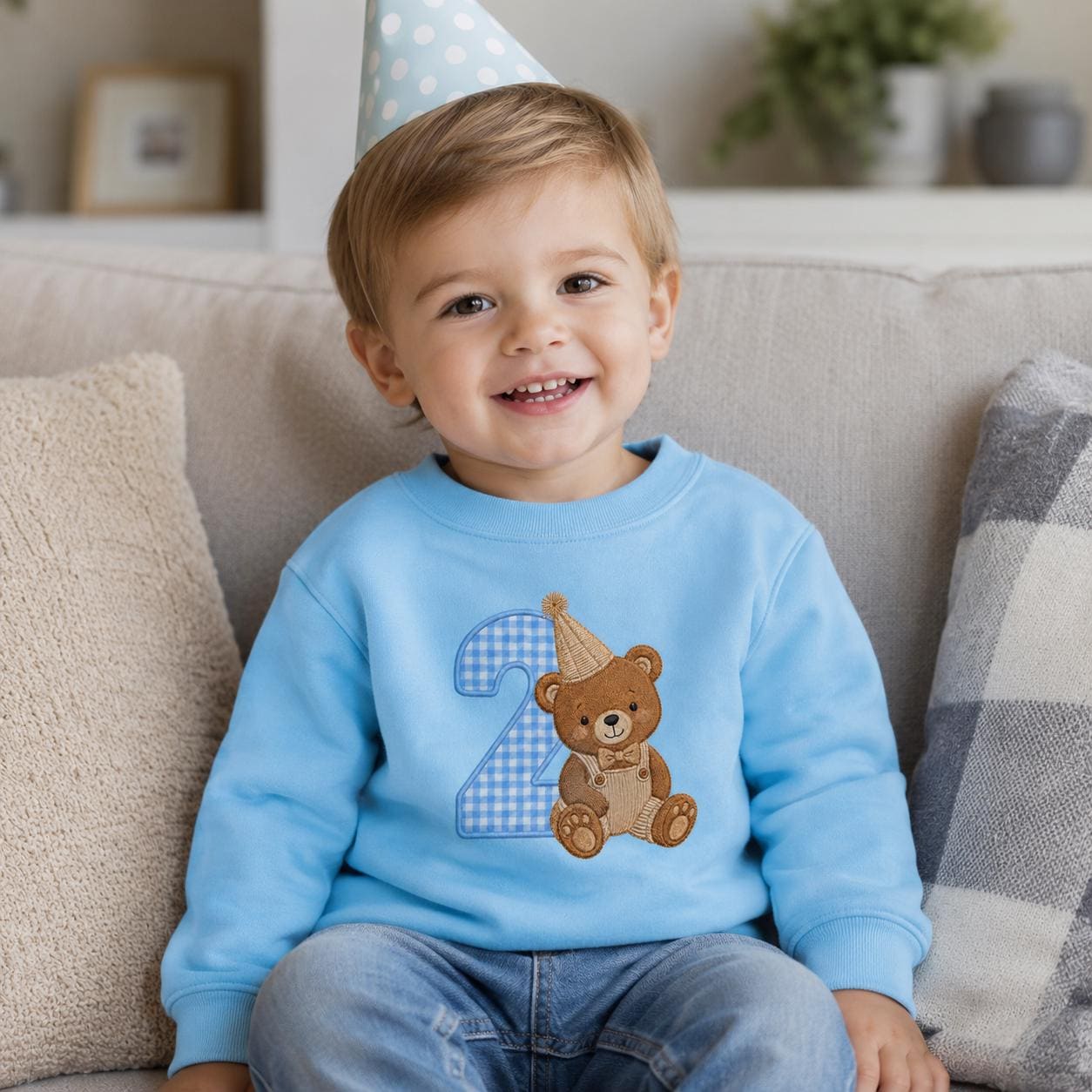 Personalized Teddy Bear 2nd Birthday Toddler Sweatshirt, Custom Number Applique Crewneck, Boy Birthday Outfit, Cake Smash Top