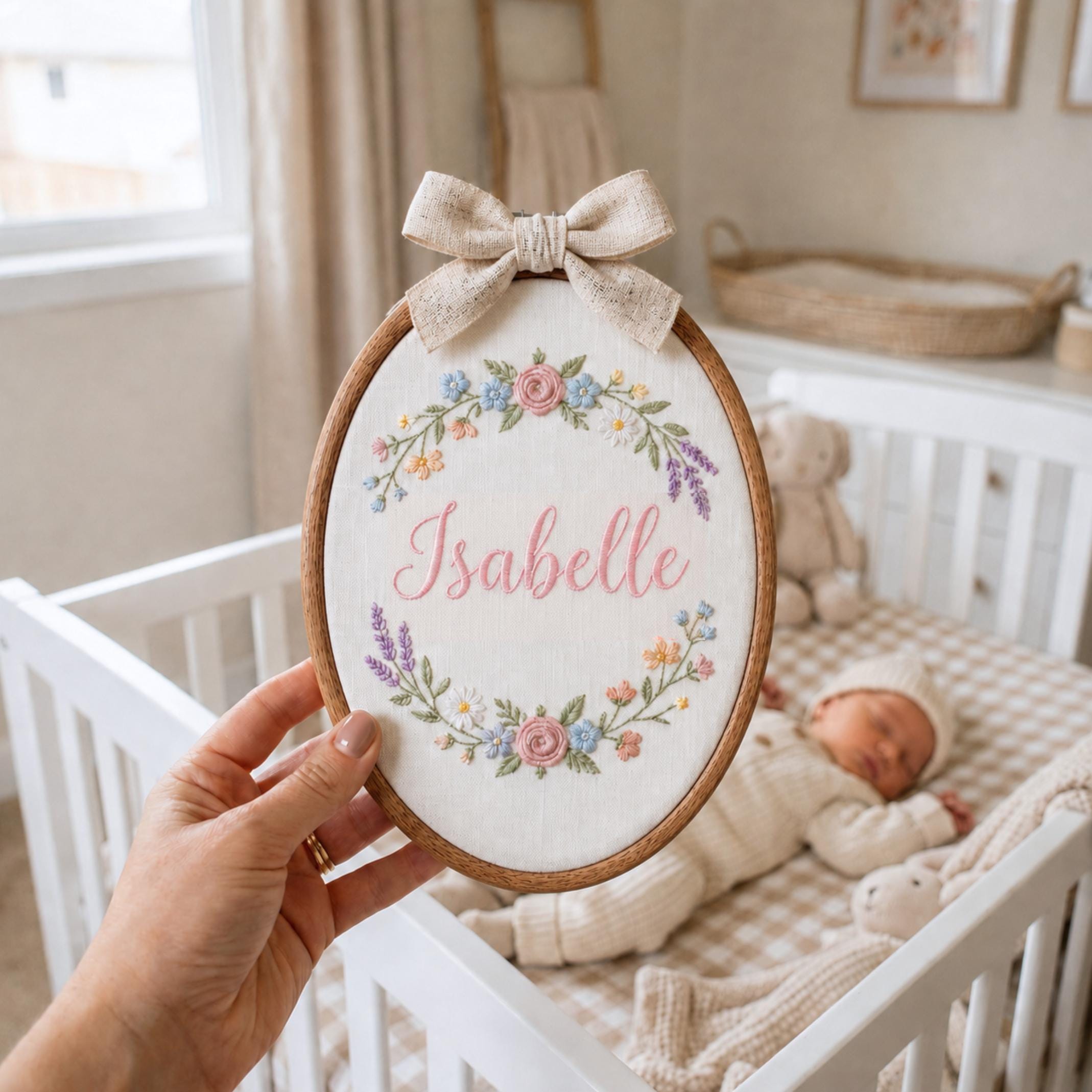 Custom Embroidered Baby Name Hoop Sign, Floral Nursery Wall Decor, Heirloom Keepsake