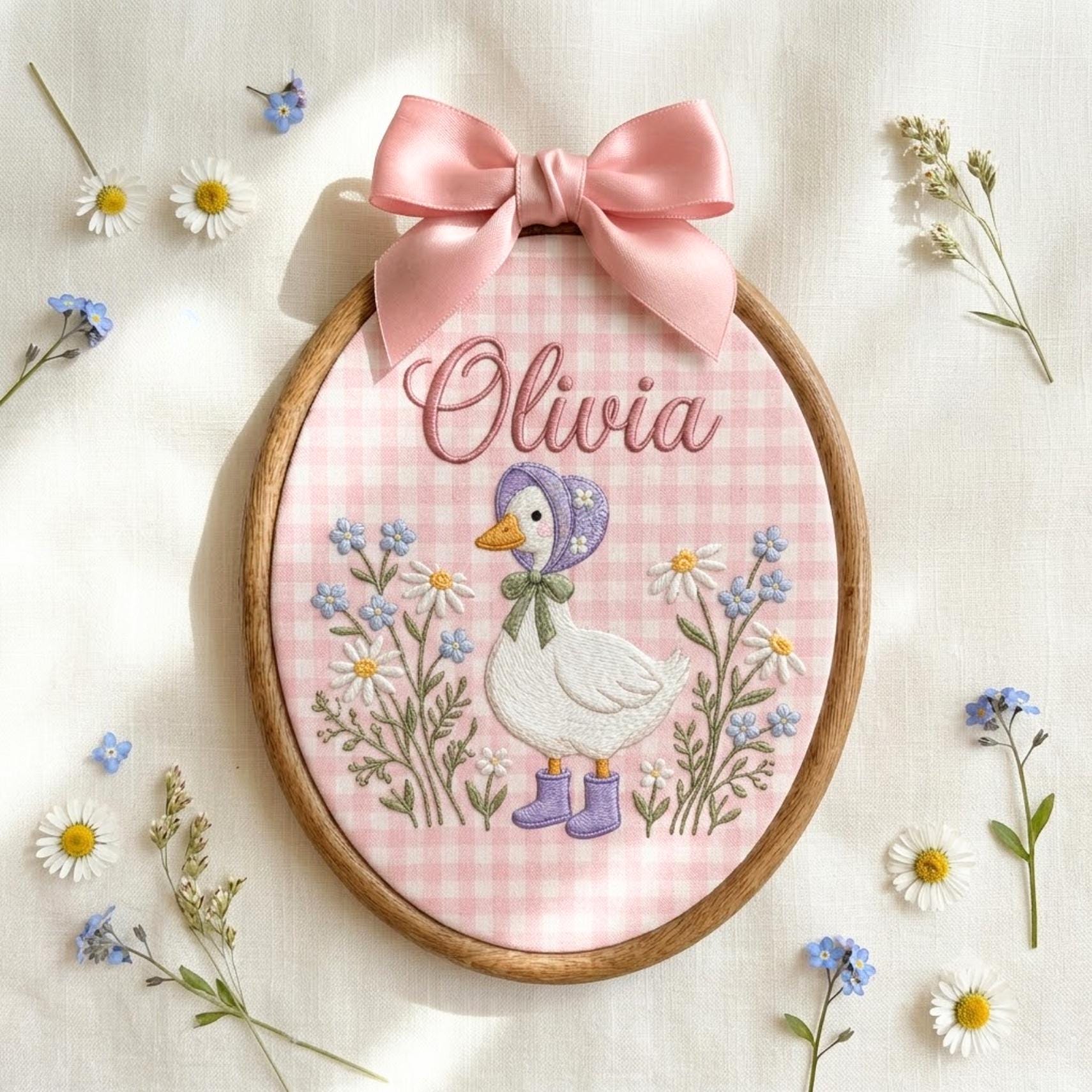 Custom Goose Embroidery Hoop Art, Personalized Baby Name Nursery Decor, Daisy Floral Wall Hanging Gift
