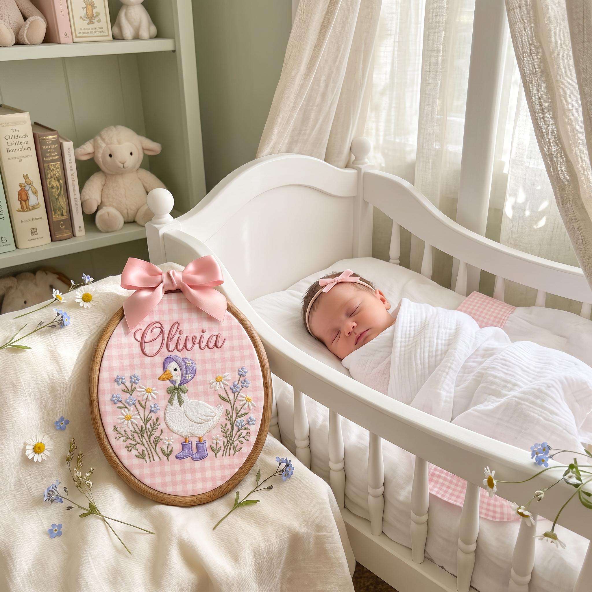 Custom Goose Embroidery Hoop Art, Personalized Baby Name Nursery Decor, Daisy Floral Wall Hanging Gift