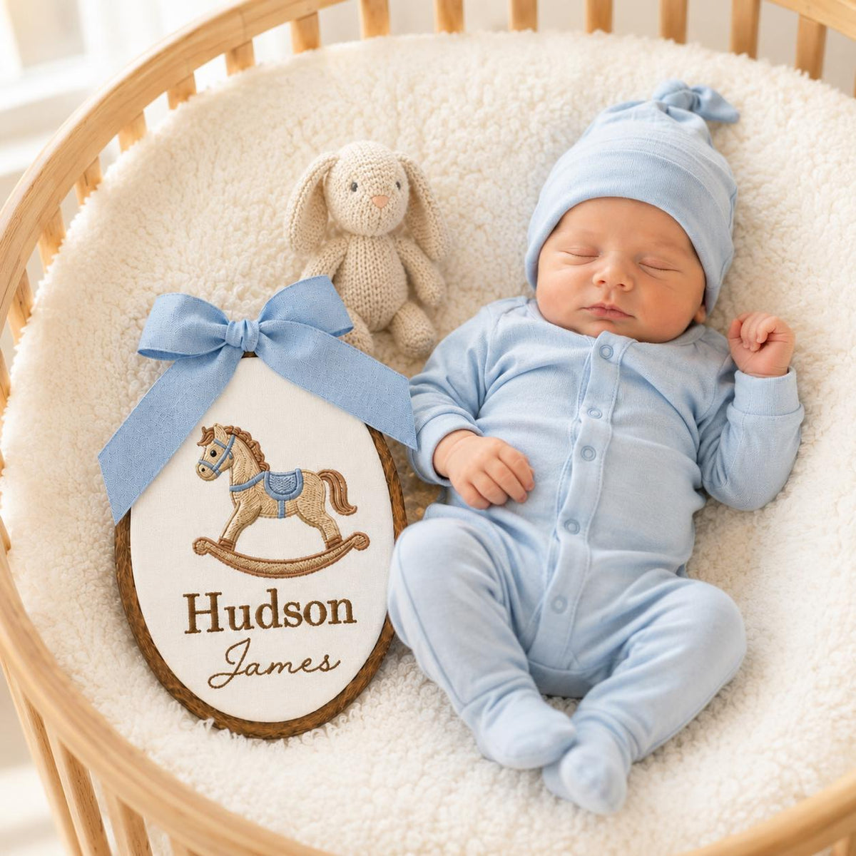 Personalized Rocking Horse Baby Name Sign, Embroidered Vintage Nursery Wall Decor, Neutral Nursery Gift for Newborn