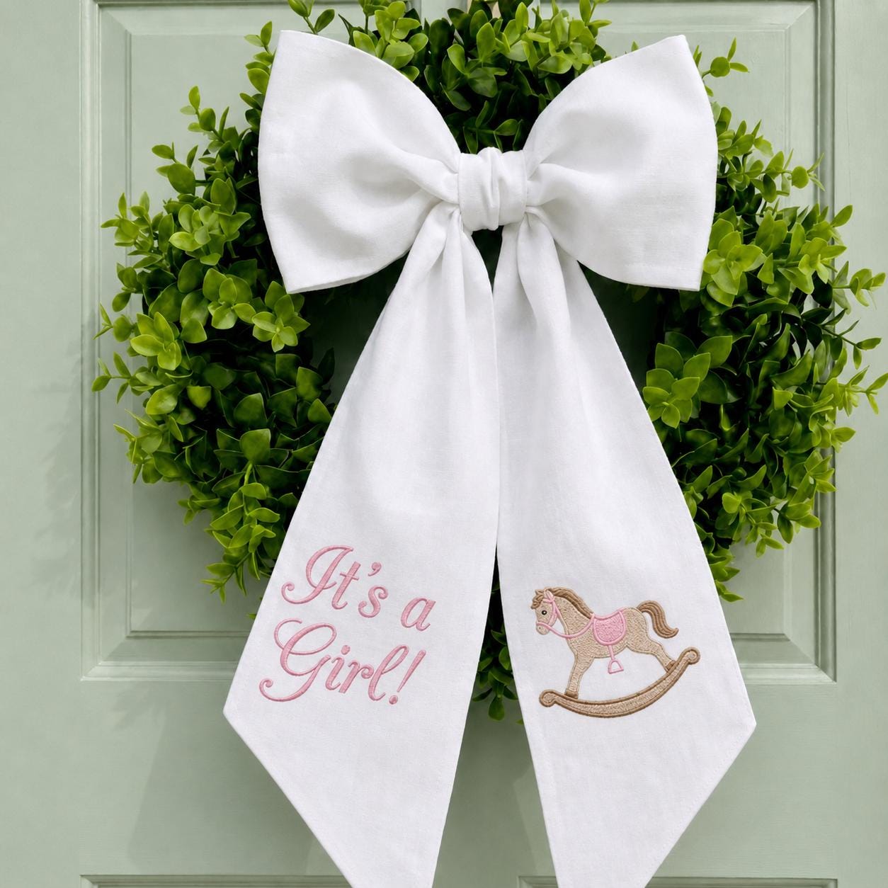 Embroidered Baby Announcement Bow, Newborn Baby Boy Baby Girl Bow Sash, Welcome Home Baby Decor, Hospital Door Bow, Rocking Horse Nursery