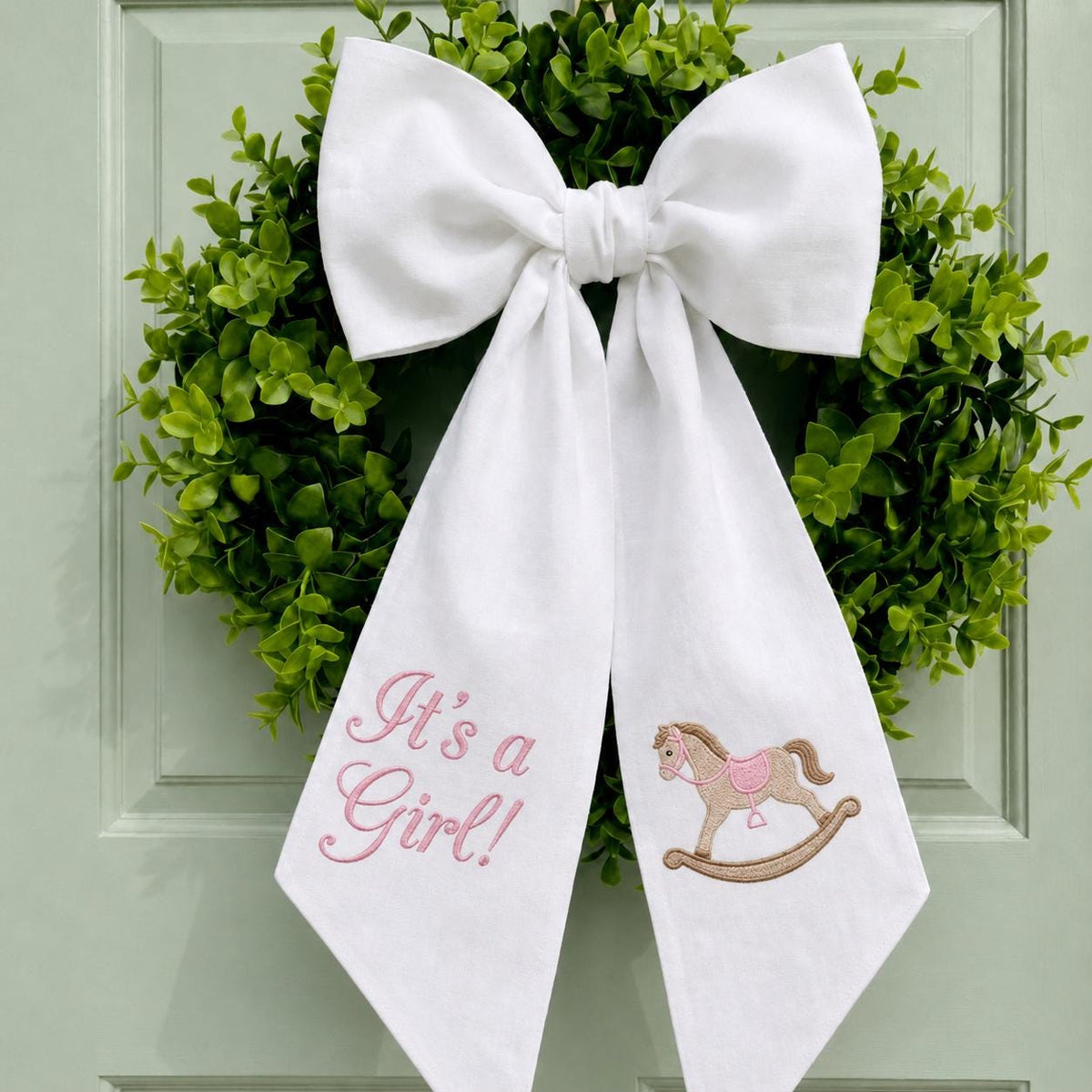 Embroidered Baby Announcement Bow, Newborn Baby Boy Baby Girl Bow Sash, Welcome Home Baby Decor, Hospital Door Bow, Rocking Horse Nursery