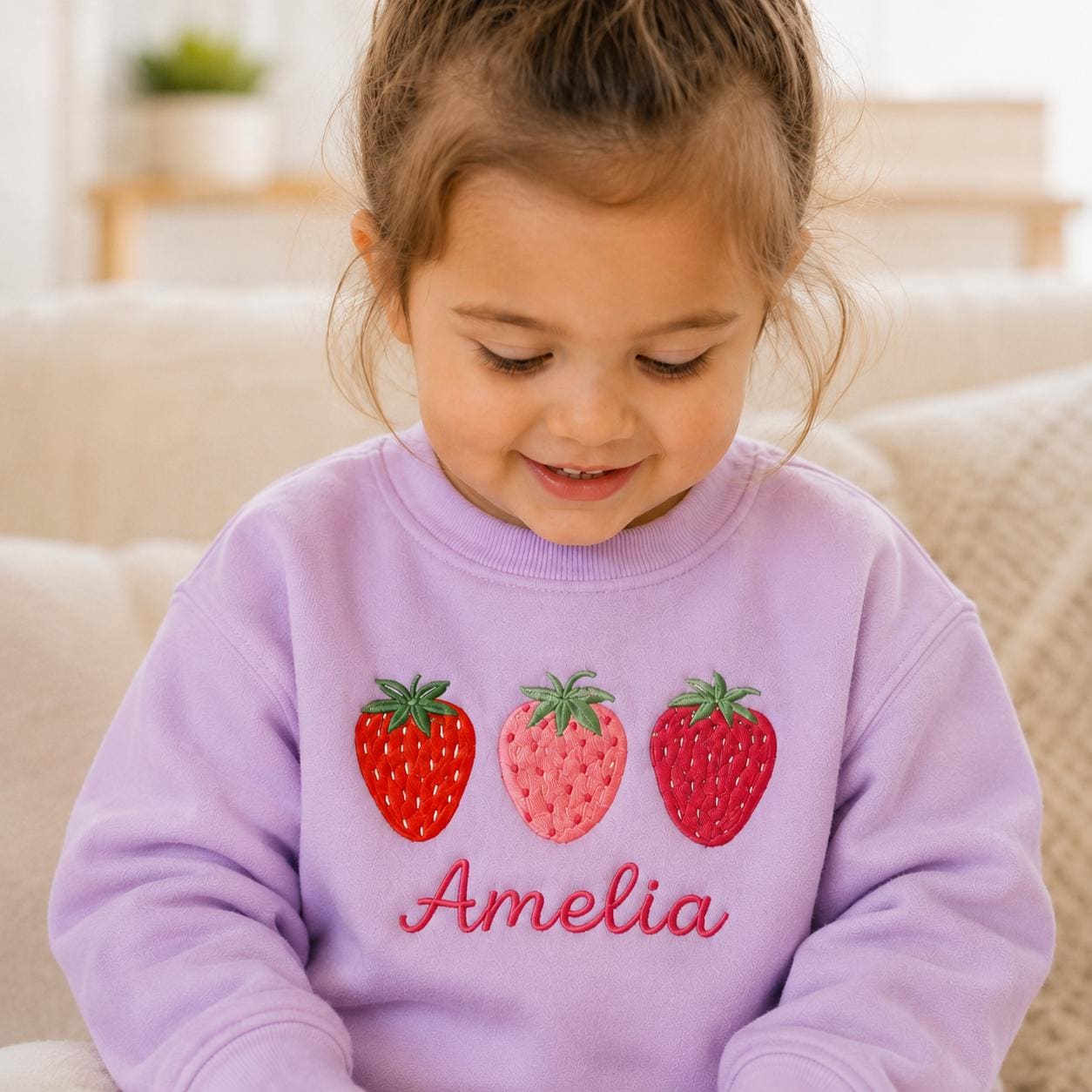Custom Strawberry Name Toddler Sweatshirt, Embroidered Berry Crewneck, Pink Birthday Outfit Gift
