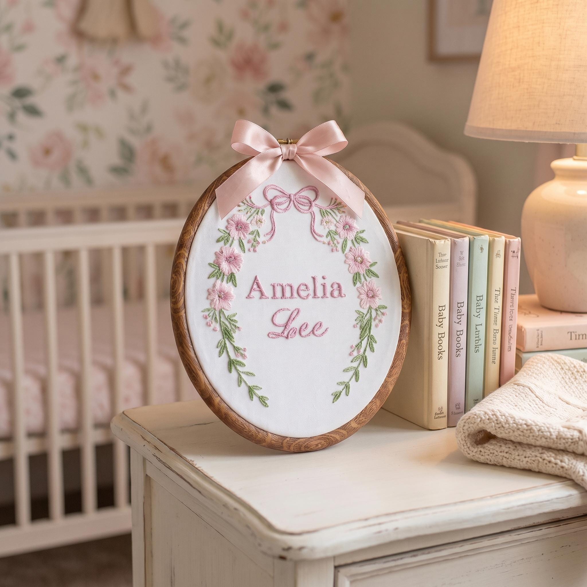 Custom Embroidered Floral Baby Name Sign, Nursery Hoop Art Keepsake