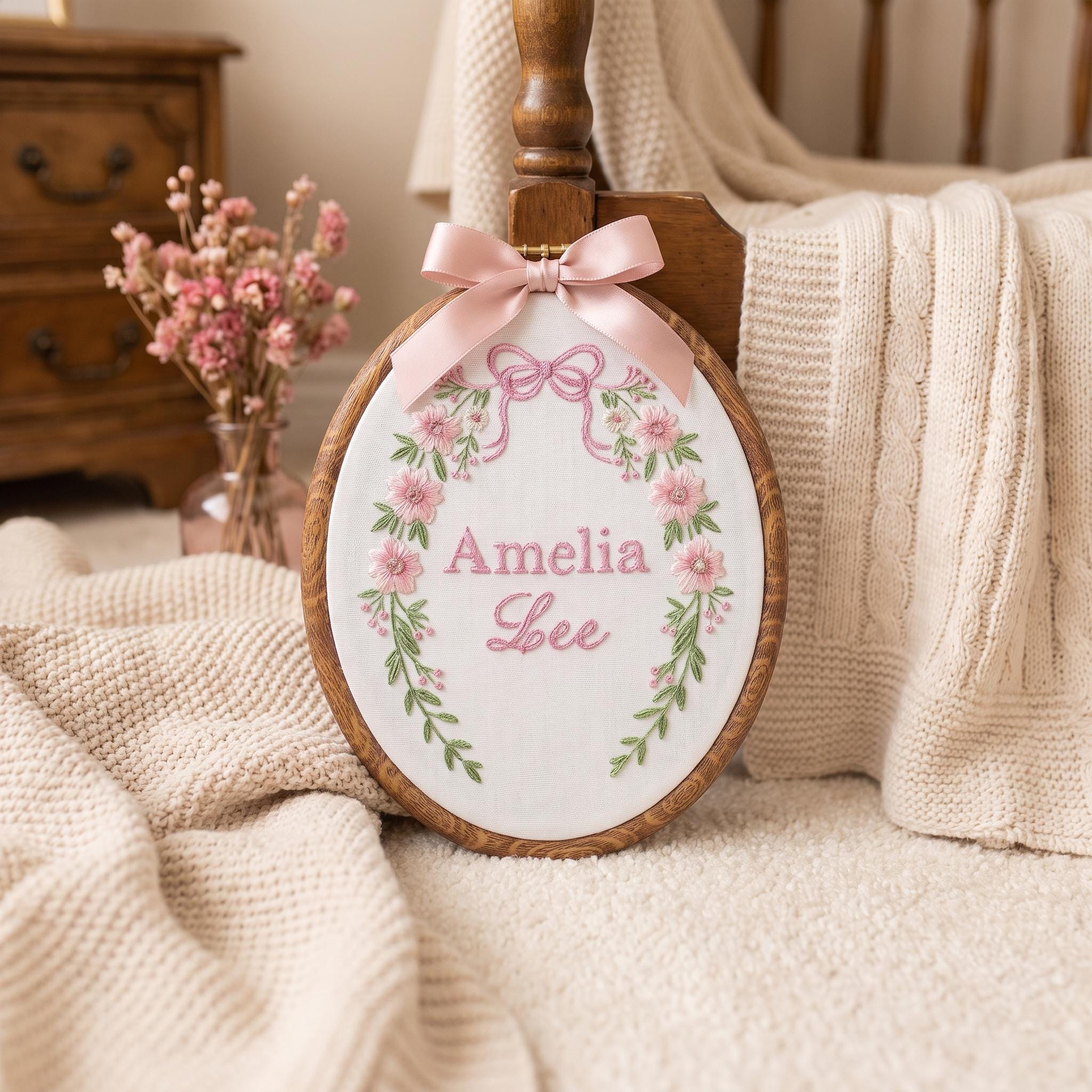 Custom Embroidered Floral Baby Name Sign, Nursery Hoop Art Keepsake