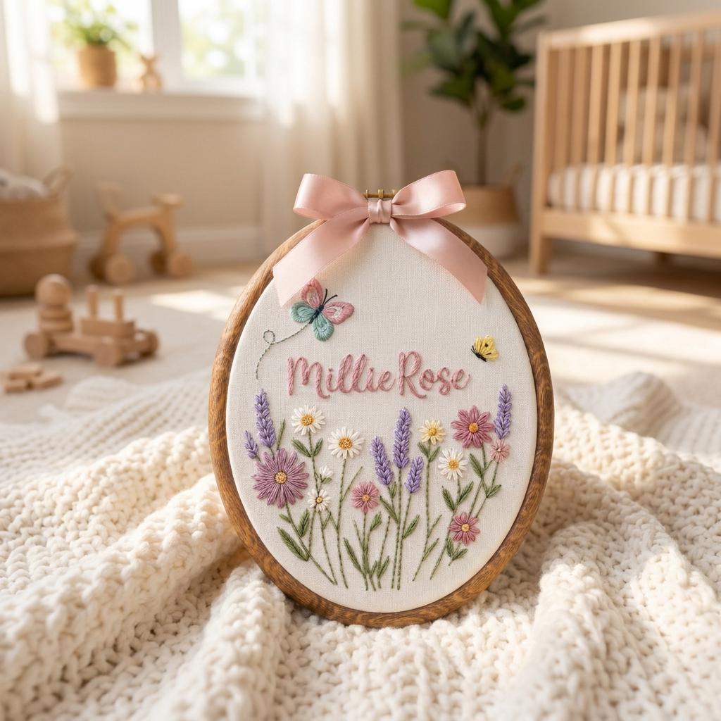 Embroidered Floral Baby Embroidery Hoop, Custom Baby Name Sign, Newborn Shower Gift, Cute Wildflower Nursery Decor, Baby Girl Gift