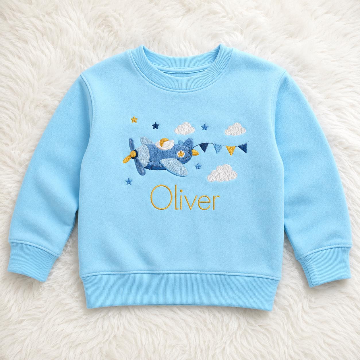 Personalized Airplane Toddler Sweatshirt, Custom Name Embroidered Plane Crewneck, Little Pilot Birthday Gift