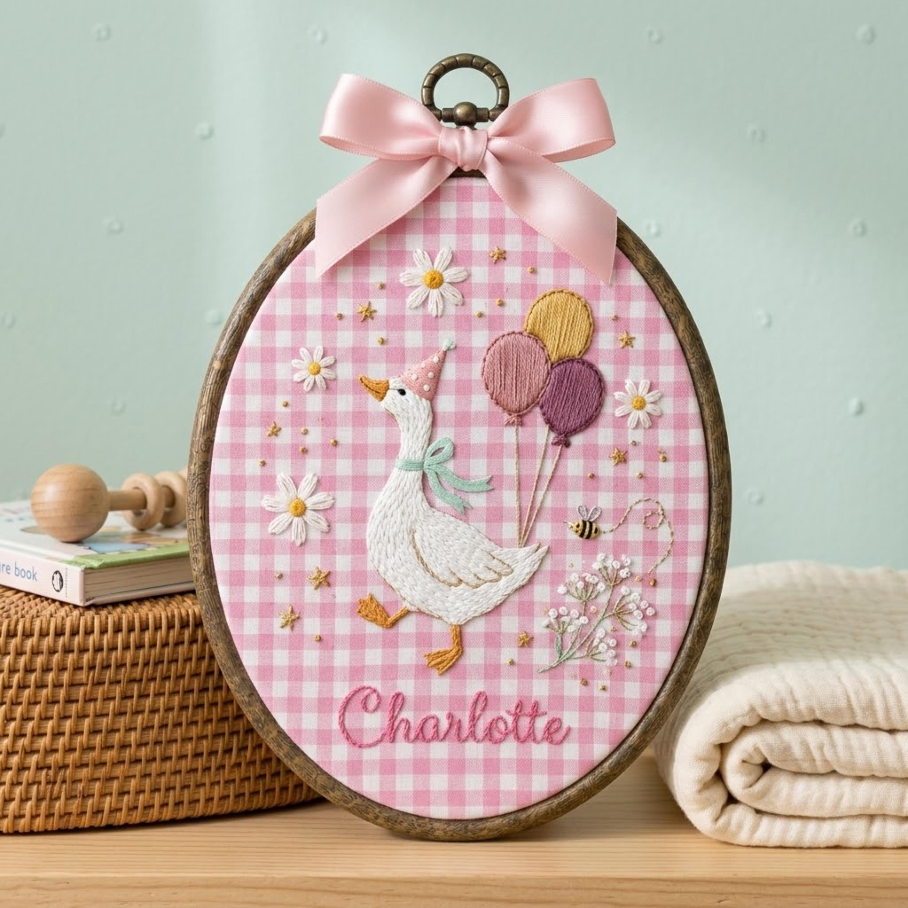 Personalized Birthday Goose Baby Name Embroidery Hoop, Pink Gingham Nursery Wall Art, Custom Newborn Keepsake