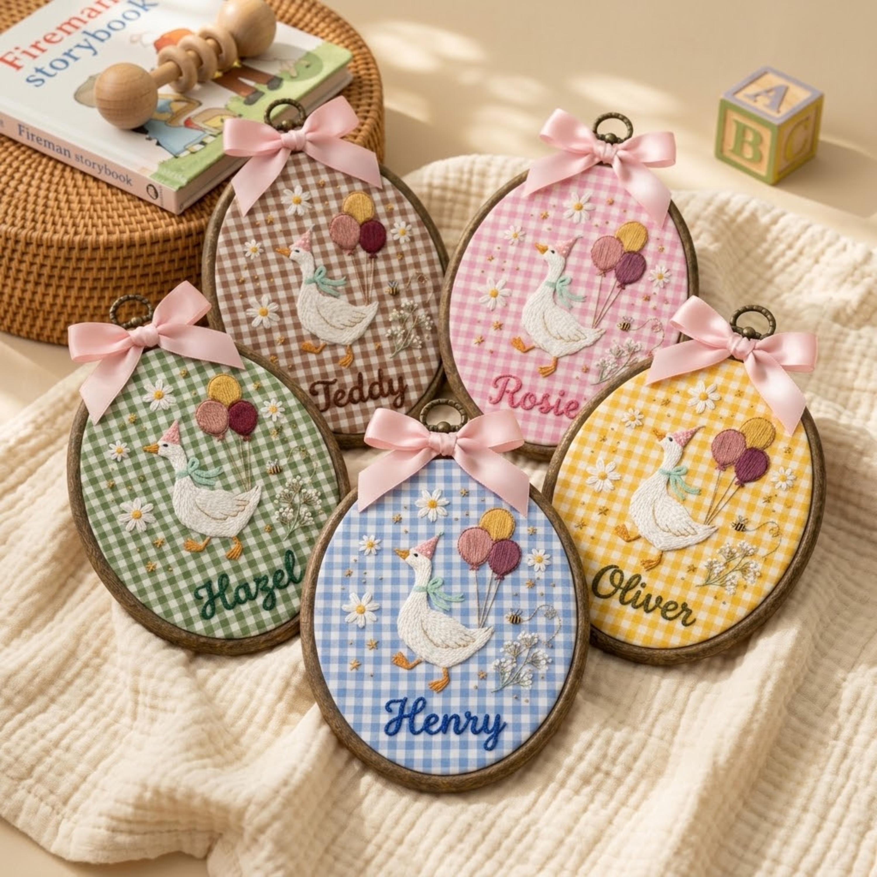 Personalized Birthday Goose Baby Name Embroidery Hoop, Pink Gingham Nursery Wall Art, Custom Newborn Keepsake