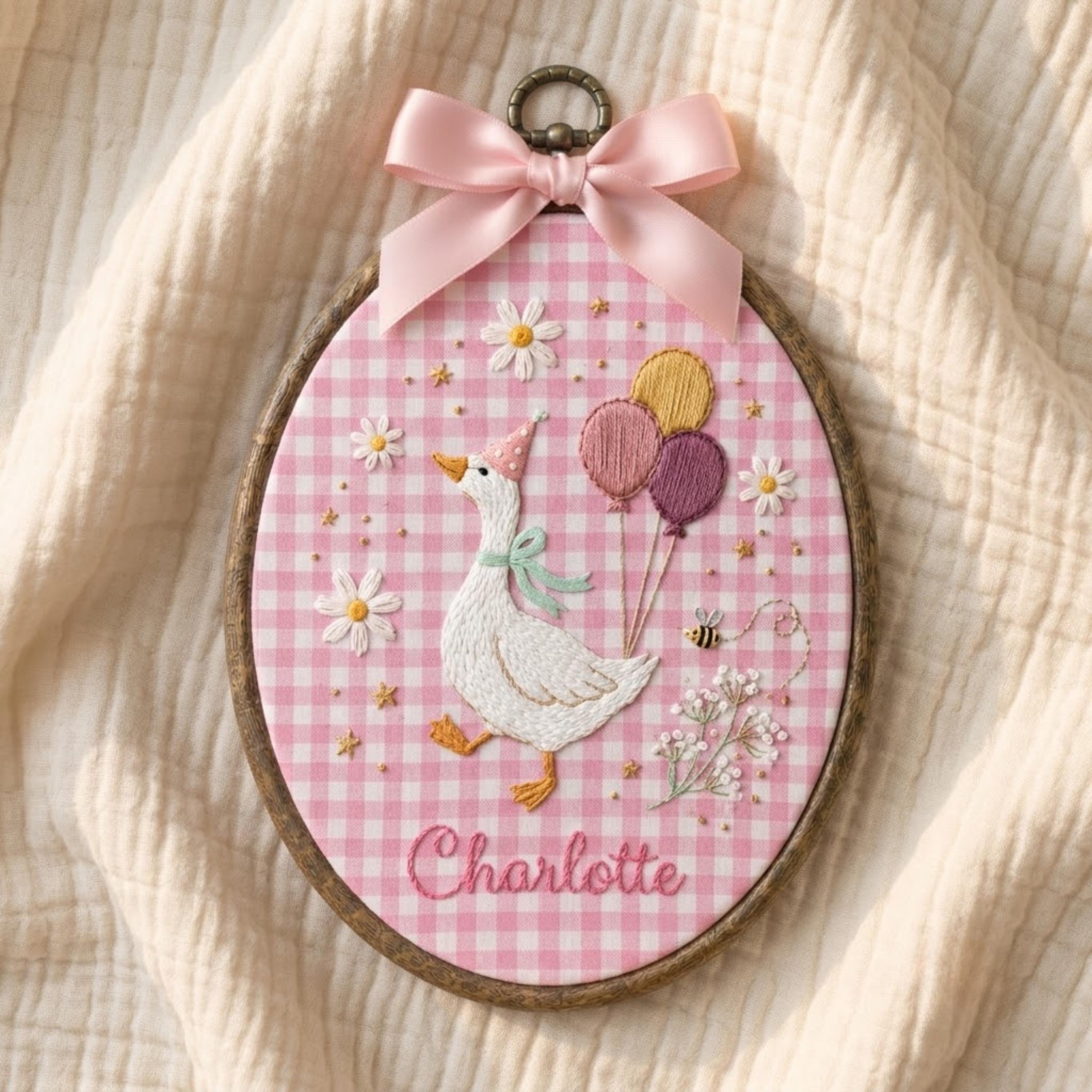 Personalized Birthday Goose Baby Name Embroidery Hoop, Pink Gingham Nursery Wall Art, Custom Newborn Keepsake