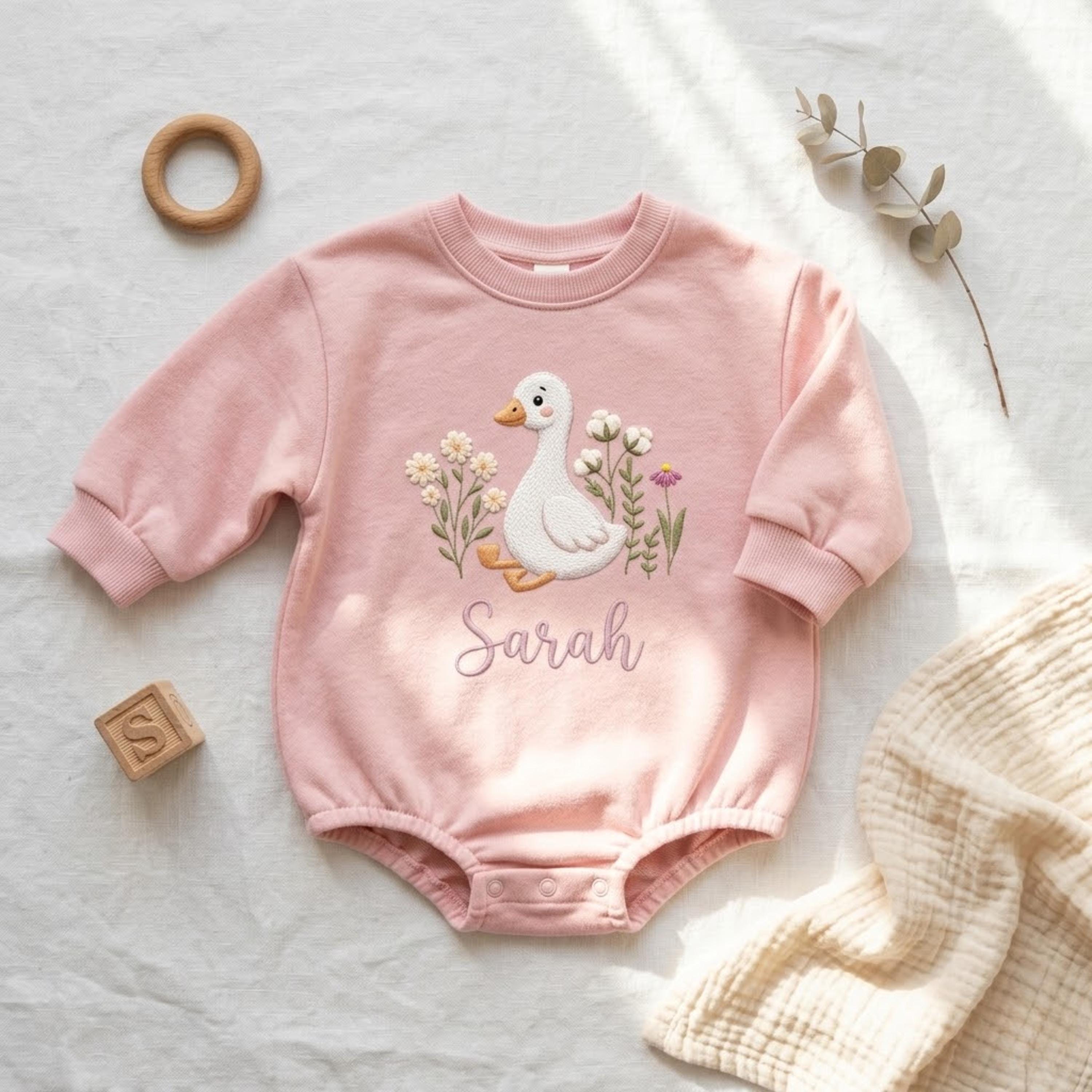 Personalized Goose Toddler Onesie, Embroidered Name Romper, Floral Duck Baby Shower Gift, Farm Animal Bodysuit