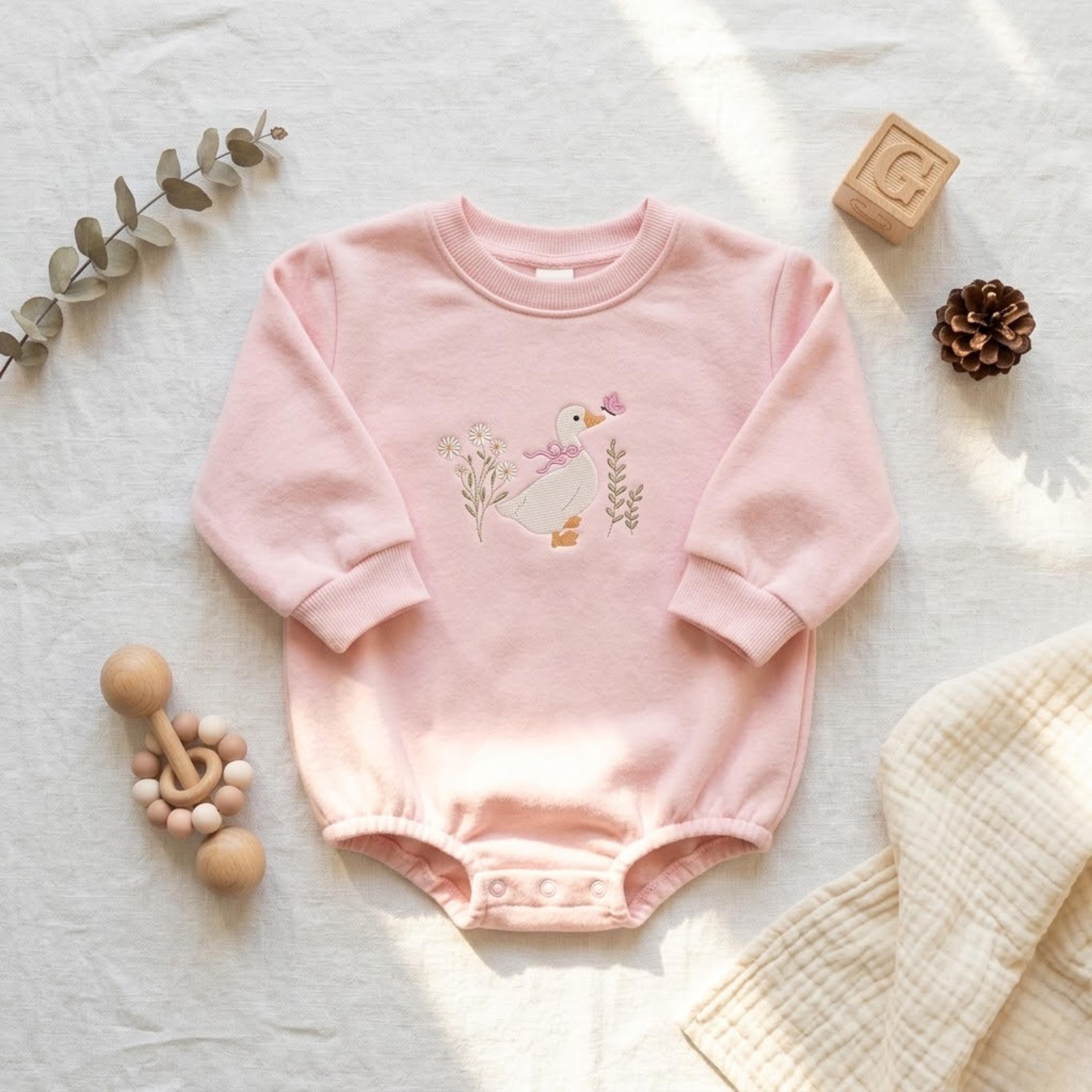 Floral Goose Baby Romper, Embroidered Baby Shower Gift Romper, Pink Farm Animal Bodysuit for Spring Photos