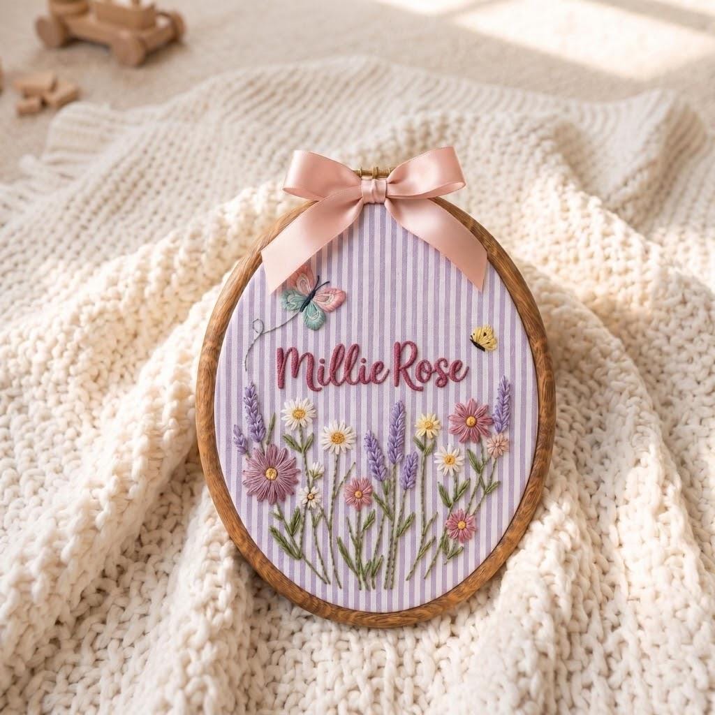 Embroidered Floral Baby Embroidery Hoop, Custom Baby Name Sign, Newborn Shower Gift, Cute Wildflower Nursery Decor, Baby Girl Gift