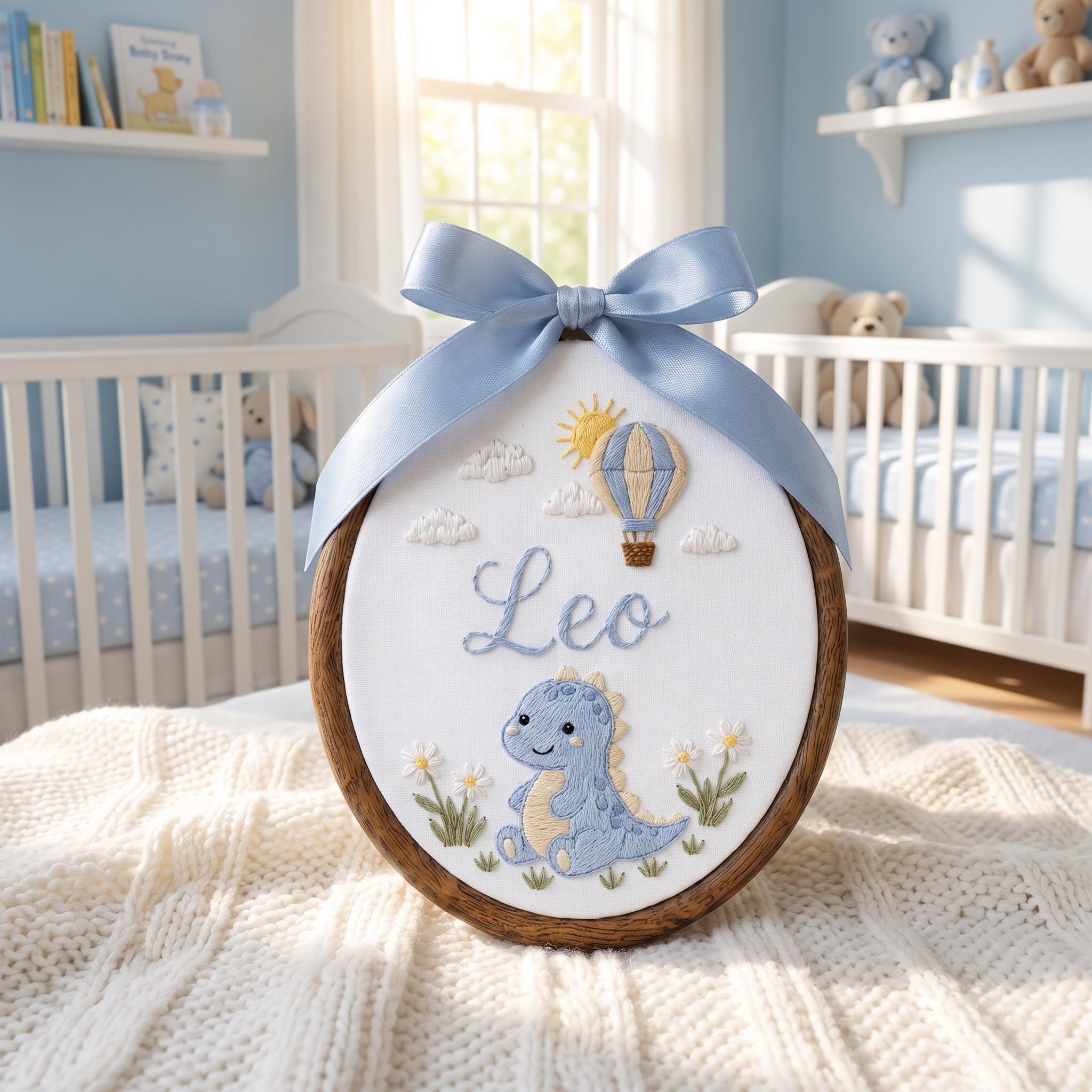 Personalized Dinosaur Embroidery Hoop, Custom Name Nursery Art, Baby Shower Gift