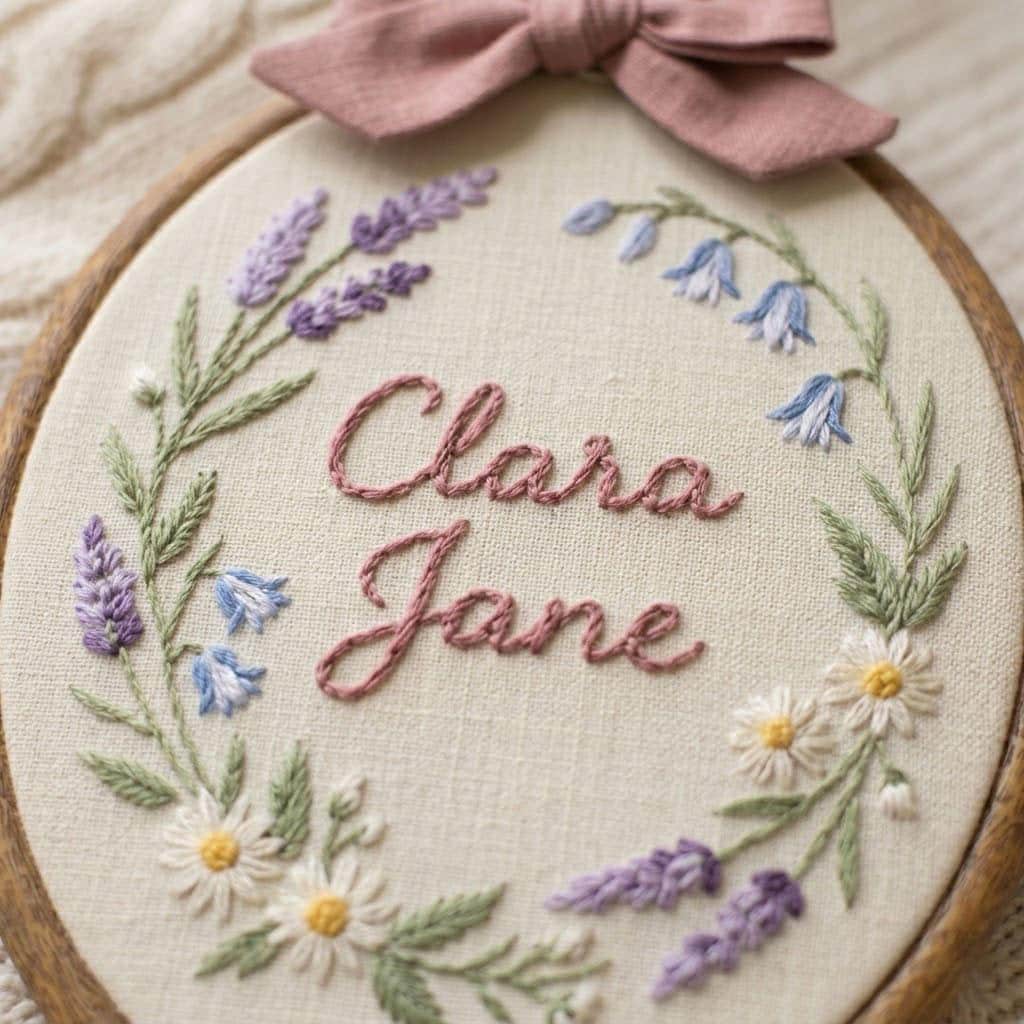 Personalized Floral Embroidery Hoop, Custom Name Embroidered Hoop Art, Baby Nursery Decor, Wildflower Wall Hanging Gift