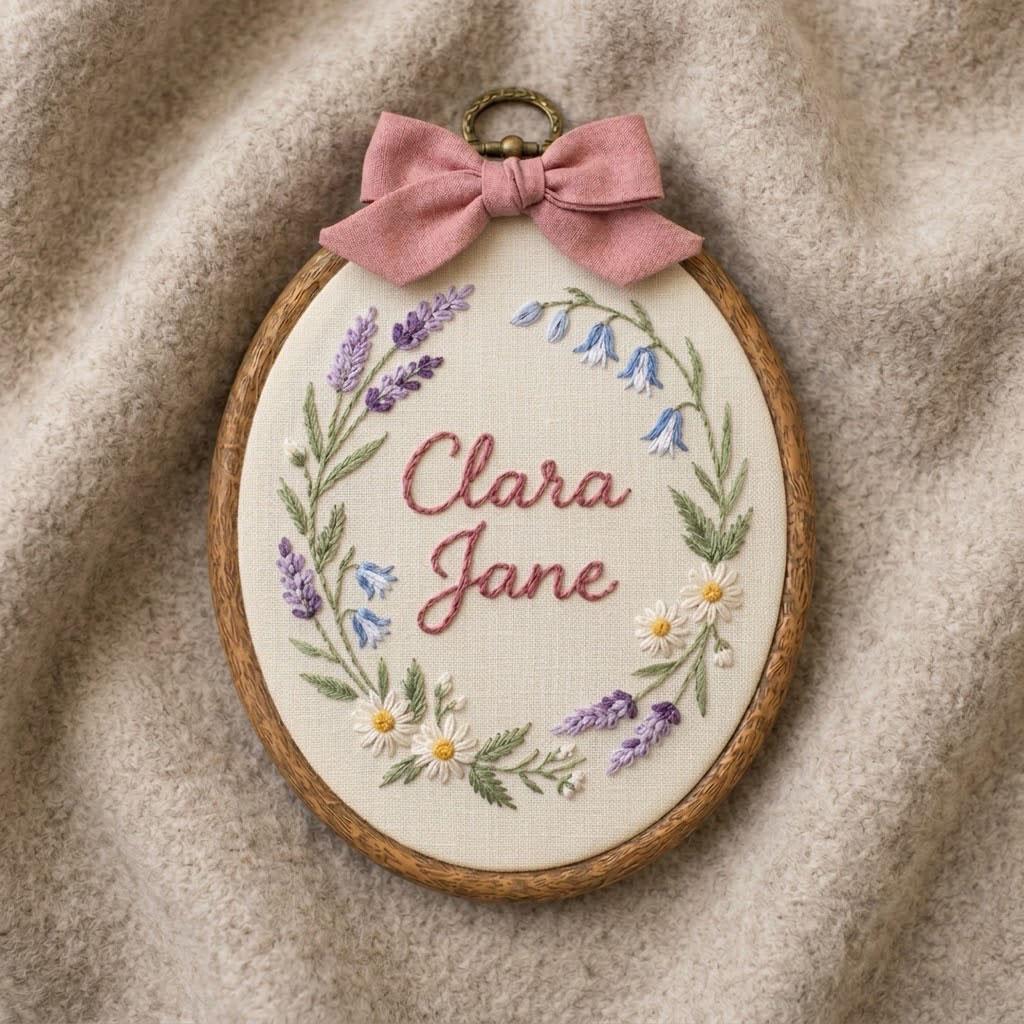 Personalized Floral Embroidery Hoop, Custom Name Embroidered Hoop Art, Baby Nursery Decor, Wildflower Wall Hanging Gift