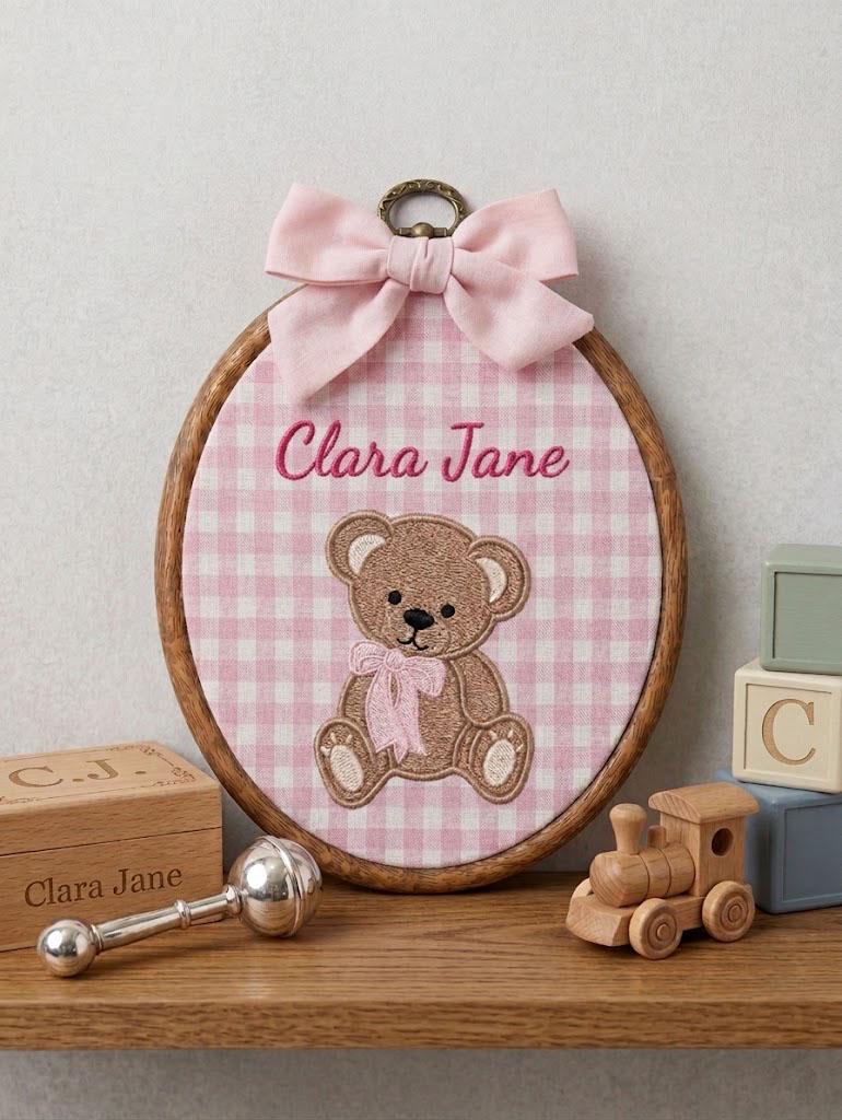 Personalized Teddy Bear Embroidery Hoop, Custom Baby Name Nursery Decor, Blue Gingham Wall Hanging, Baby Boy Shower Gift