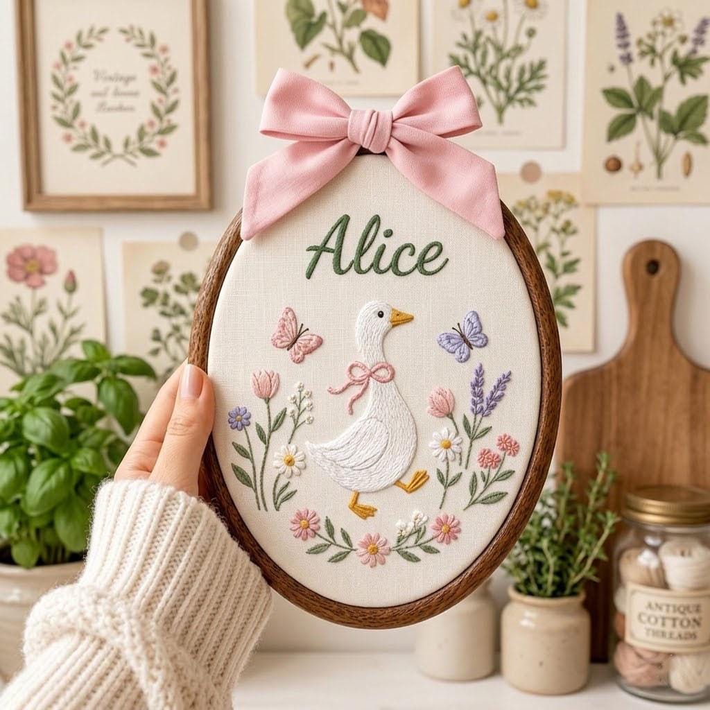 Personalized Goose Embroidery Hoop, Custom Baby Name Nursery Decor, Floral Goose Wall Hanging, Baby Shower Gift for Girl