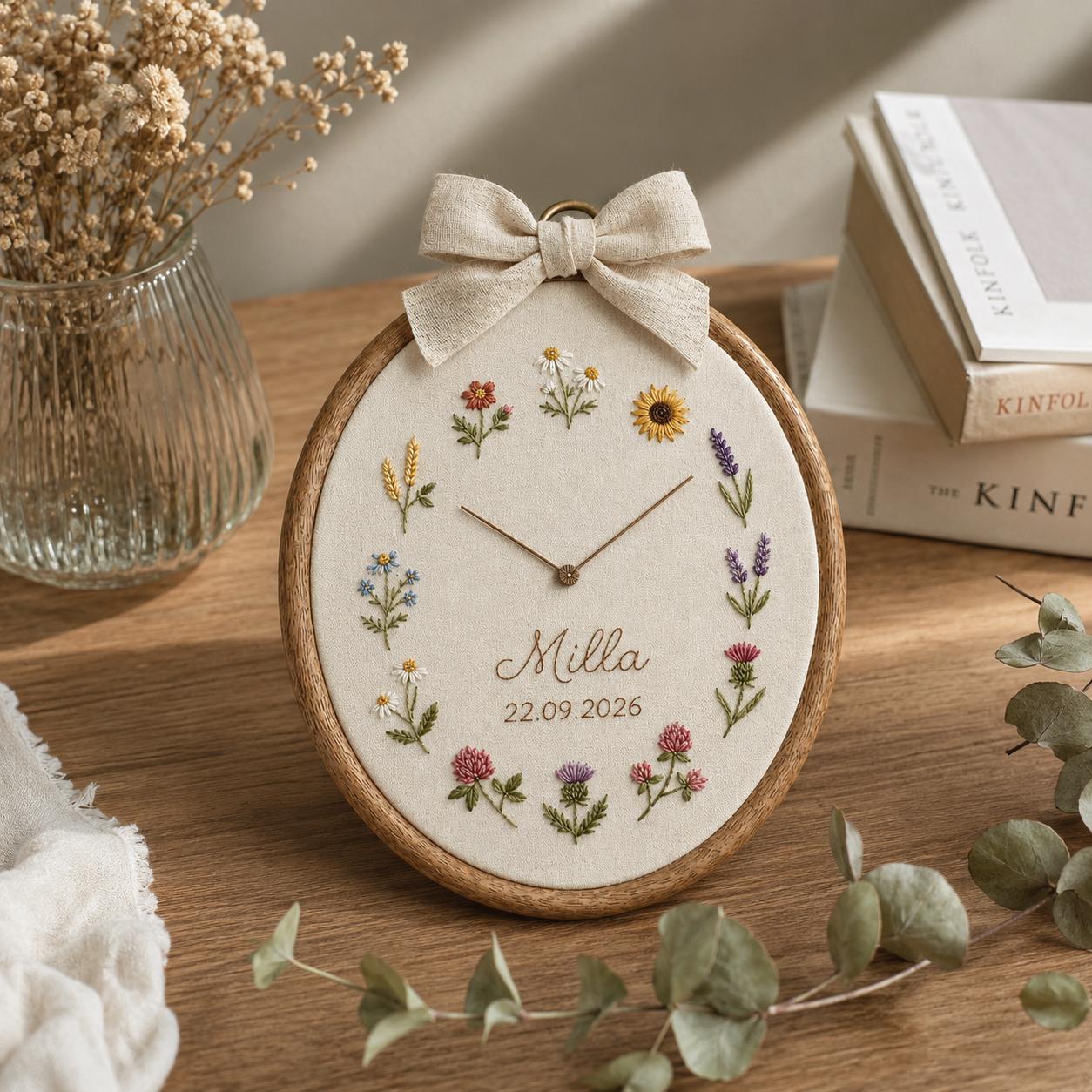 Personalized Floral Embroidery Hoop Clock, Custom Name Embroidered Wall Clock, Nursery Decor, Baby Shower Gift, Wildflower Clock