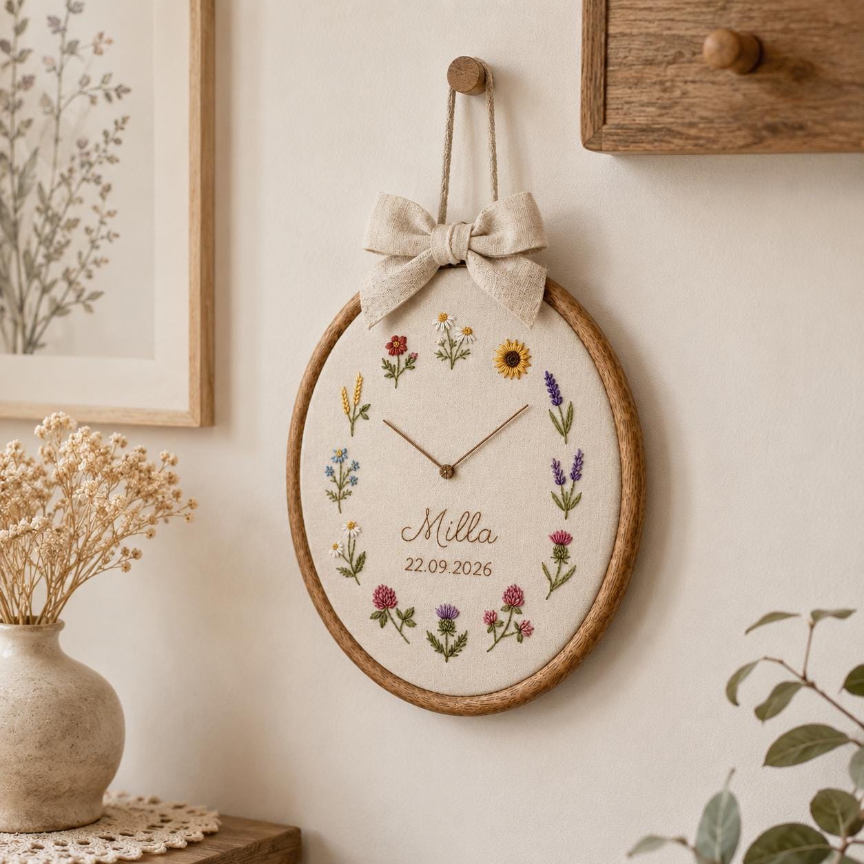 Personalized Floral Embroidery Hoop Clock, Custom Name Embroidered Wall Clock, Nursery Decor, Baby Shower Gift, Wildflower Clock