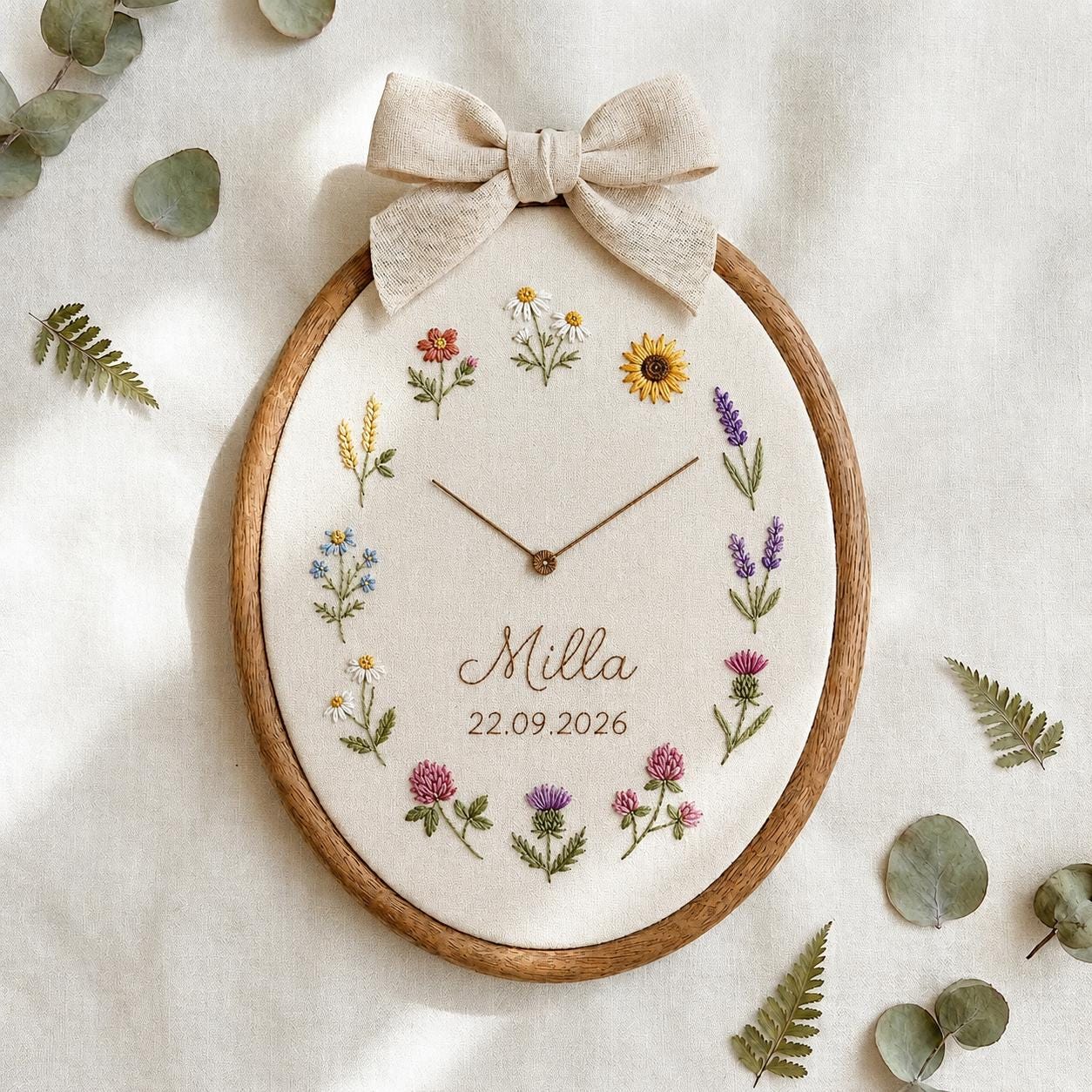Personalized Floral Embroidery Hoop Clock, Custom Name Embroidered Wall Clock, Nursery Decor, Baby Shower Gift, Wildflower Clock