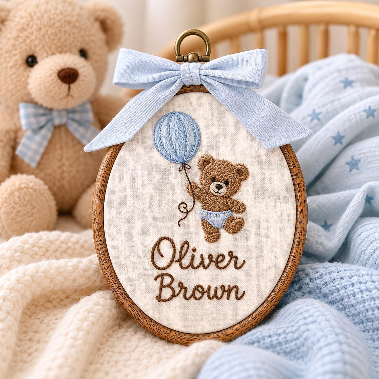 Personalized Teddy Bear Embroidery Hoop, Custom Baby Name Nursery Decor, Bear with Balloon Wall Hanging, Baby Shower Gift