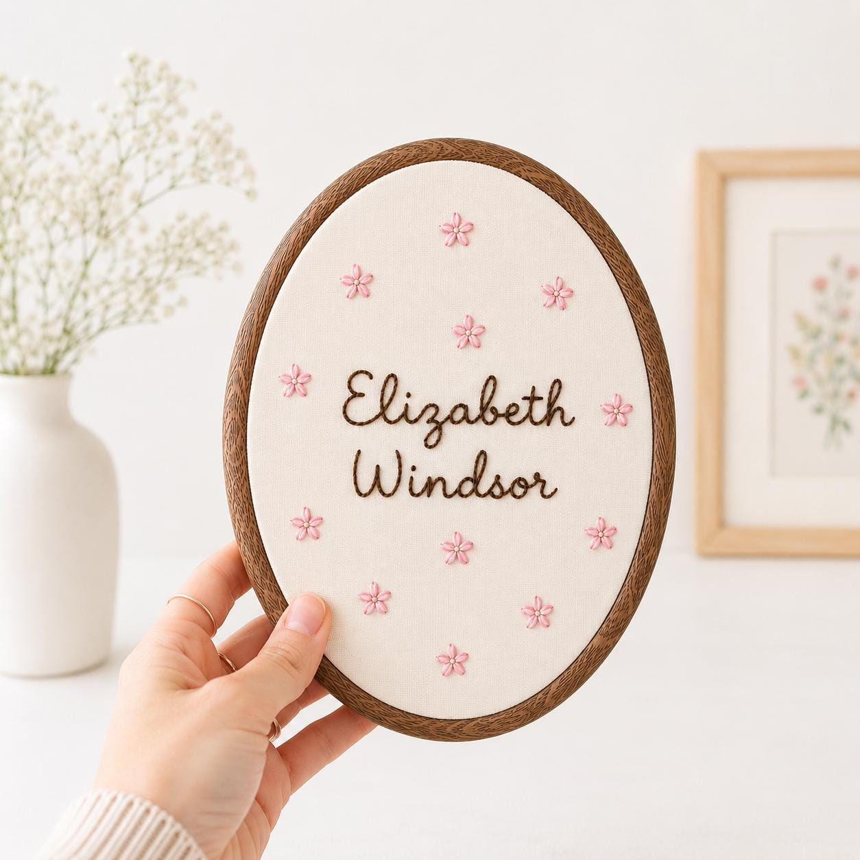 Personalized Name Embroidery Hoop, Custom Baby Name Nursery Decor, Minimalist Floral Wall Hanging, Baby Shower Gift
