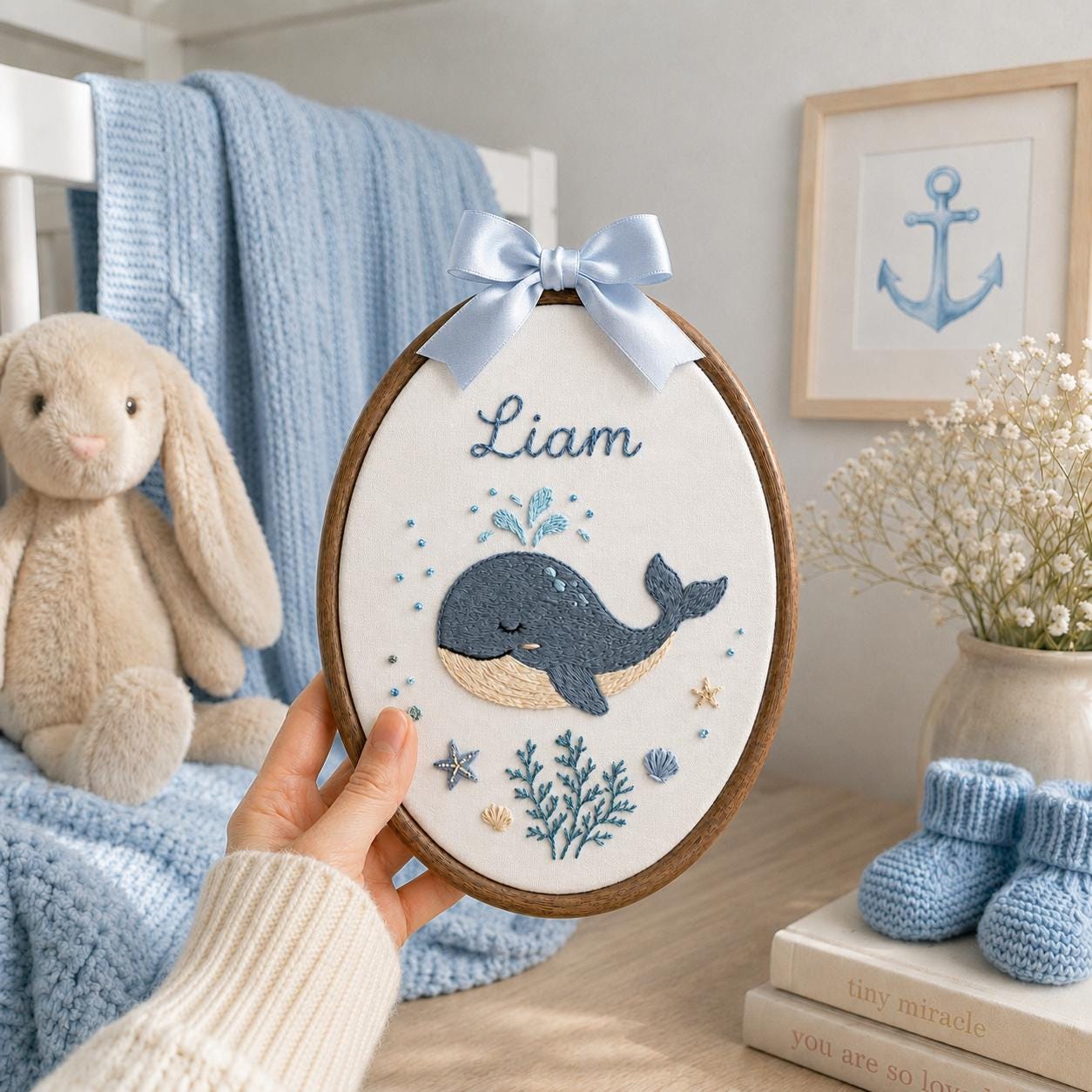 Personalized Ocean Name Embroidery Hoop, Baby Nursery Wall Decor, Marine Life Keepsake