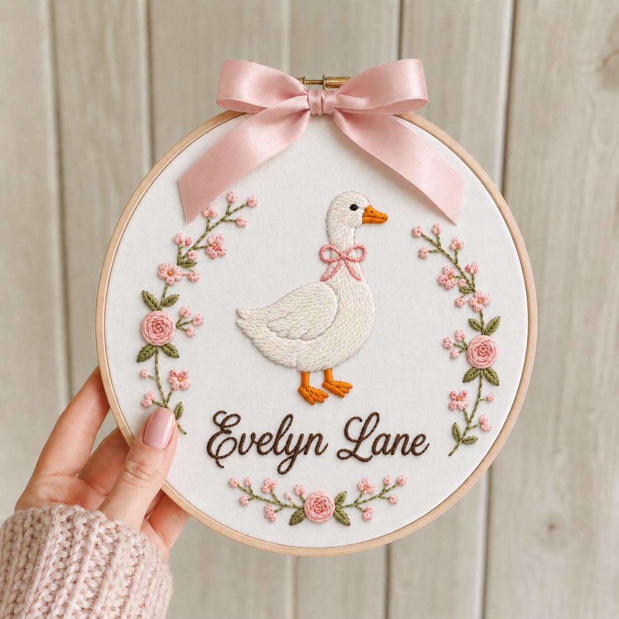 Personalized Striped Goose Baby Name Hoop, Storybook Goose Nursery Wall Art, Floral Embroidered Newborn Gift