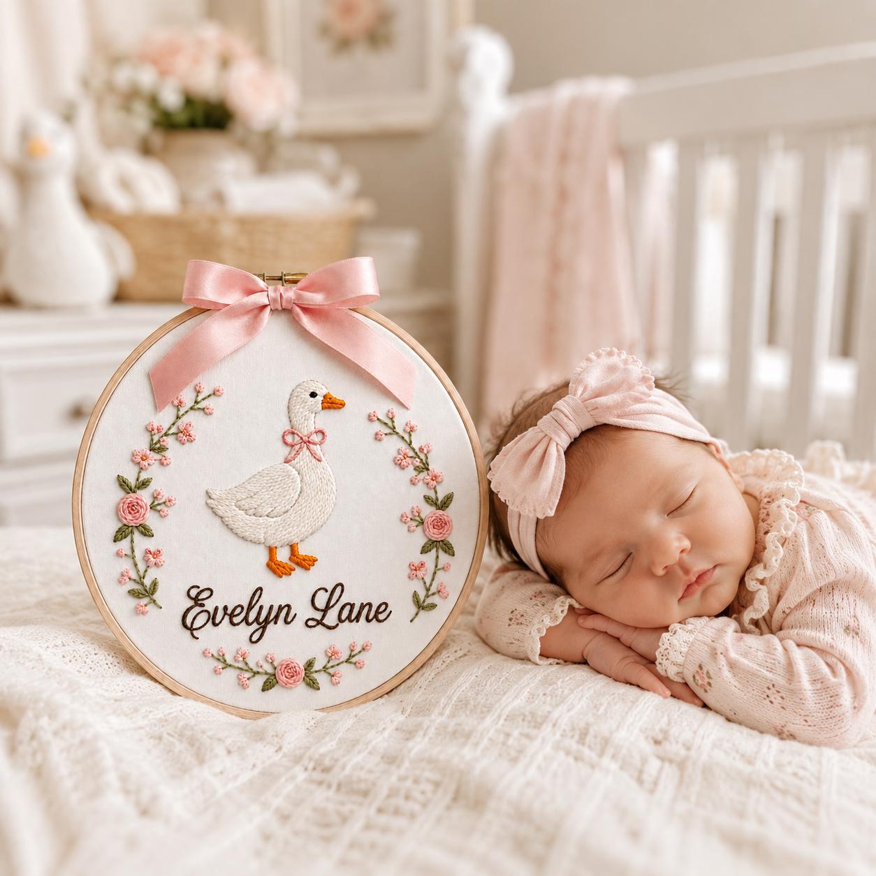 Personalized Striped Goose Baby Name Hoop, Storybook Goose Nursery Wall Art, Floral Embroidered Newborn Gift